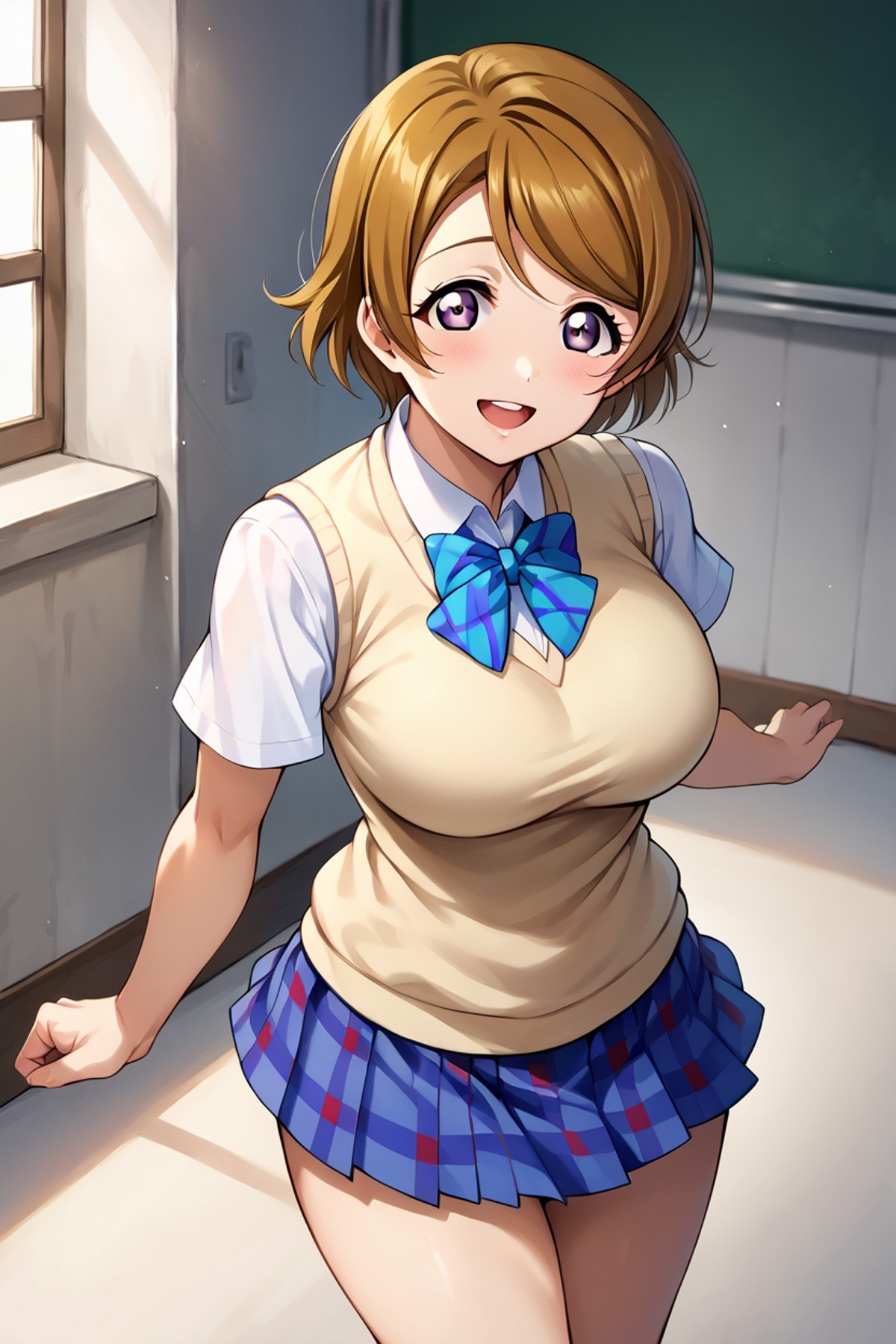 score_9, score_8_up, score_7_up, source_anime BREAK 1girl, solo, lovelive_hanayo, <lora:lovelive_hanayo:1> 150cm taller, cowboy shot, school uniform, sweater vest, short sleeves, blue plaid skirt, blue bowtie, (large breasts:0.5), brown hair, swept bangs, short hair, purple eyes, looking at you, smile, open mouth