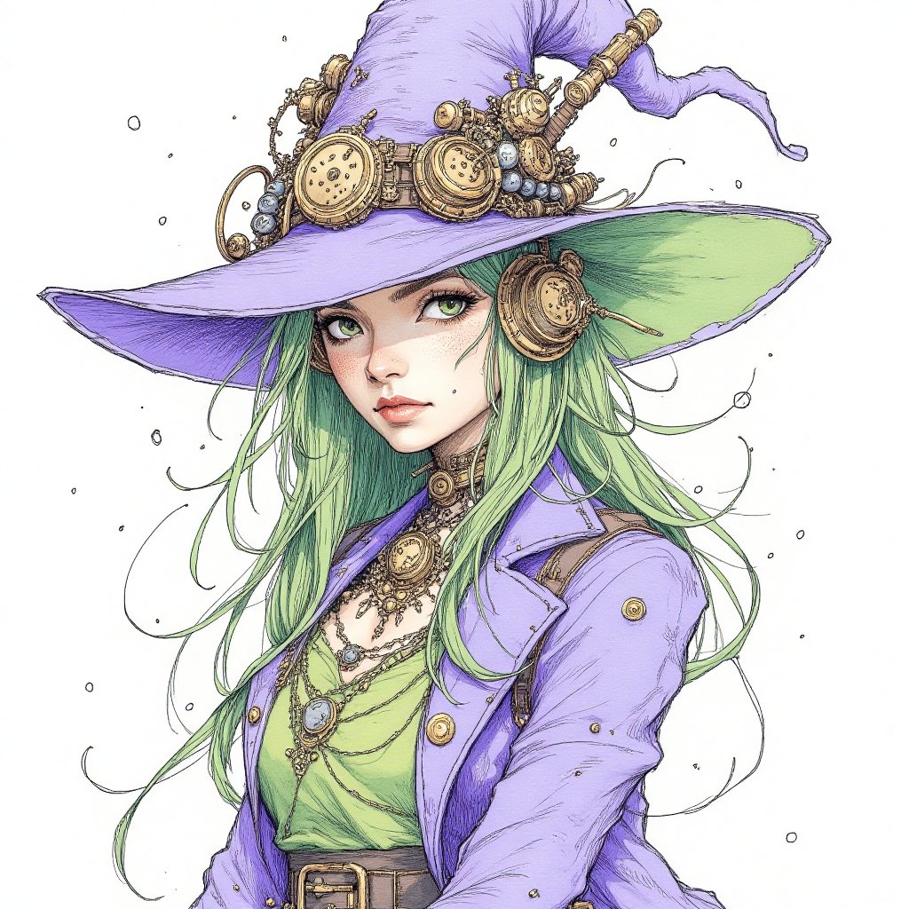 a color pop sketch of a steampunk witch with purple and green outfit by Aleks_Baskakov on Tensor.Art
