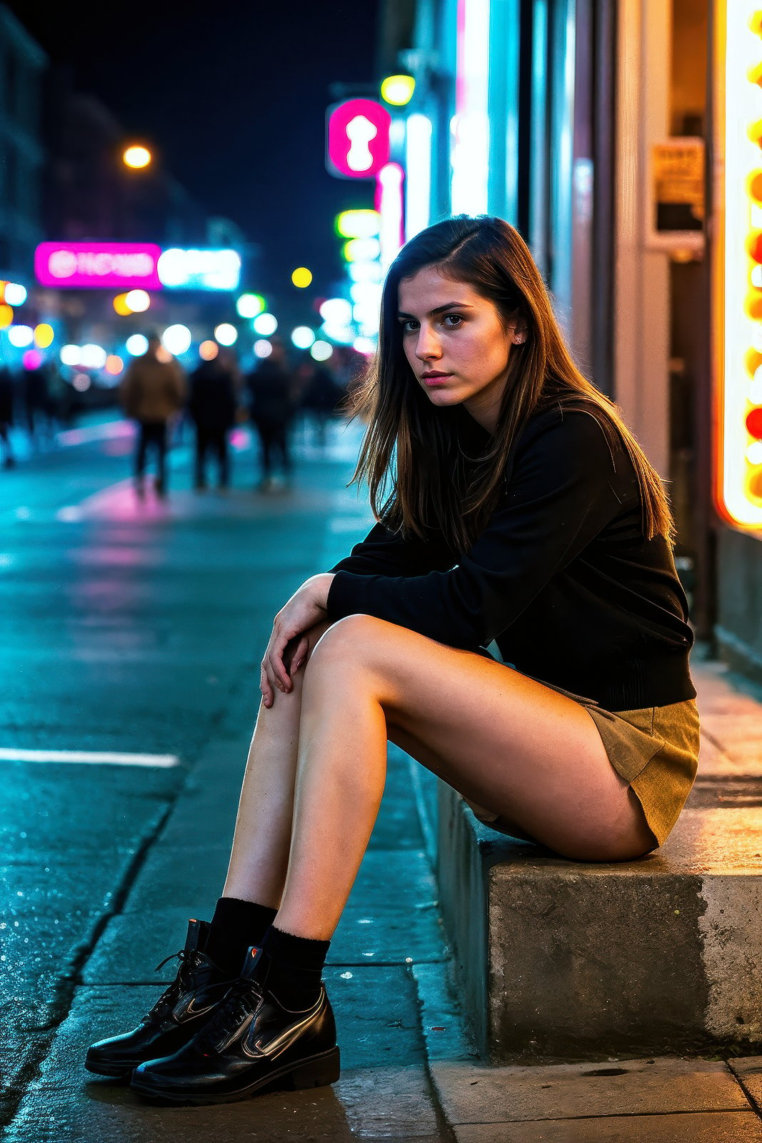 gritty raw street photography, plain clean earthy young female hacker, short skirt, matrixpunk clothing, sitting in a busy crowded street, with neon lighting from shop signs