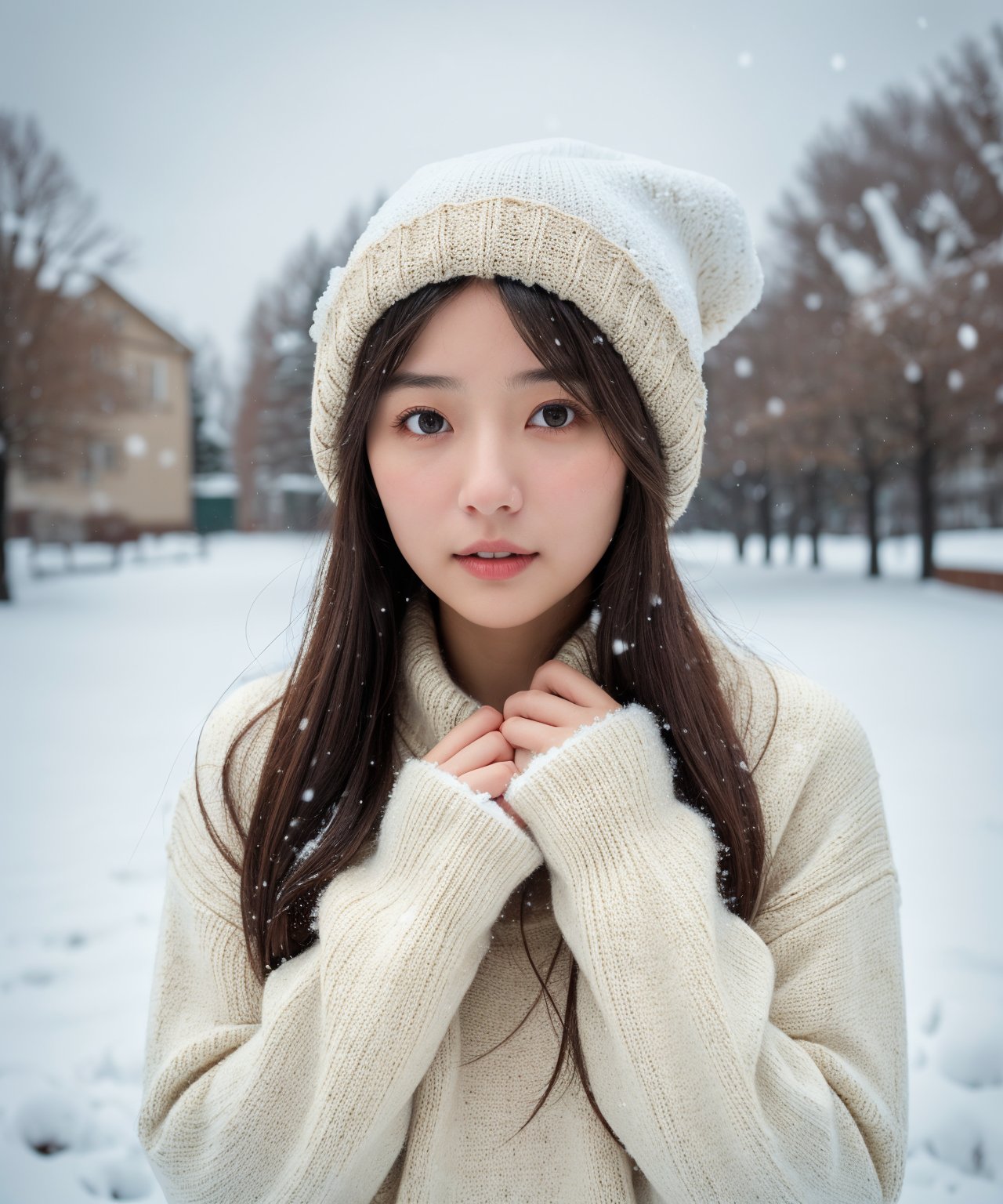 masterpiece, best quality, raw photo, realistic, adult girl, looking at viewer, supporting head on two hands, long hair, sweater, sweater hat, extremely beautiful detailed face, best shadow, medium breasts, (cute face, temptations look), snowing, snowing background, (sepia photography), (professional photo, balanced photo, balanced exposure)