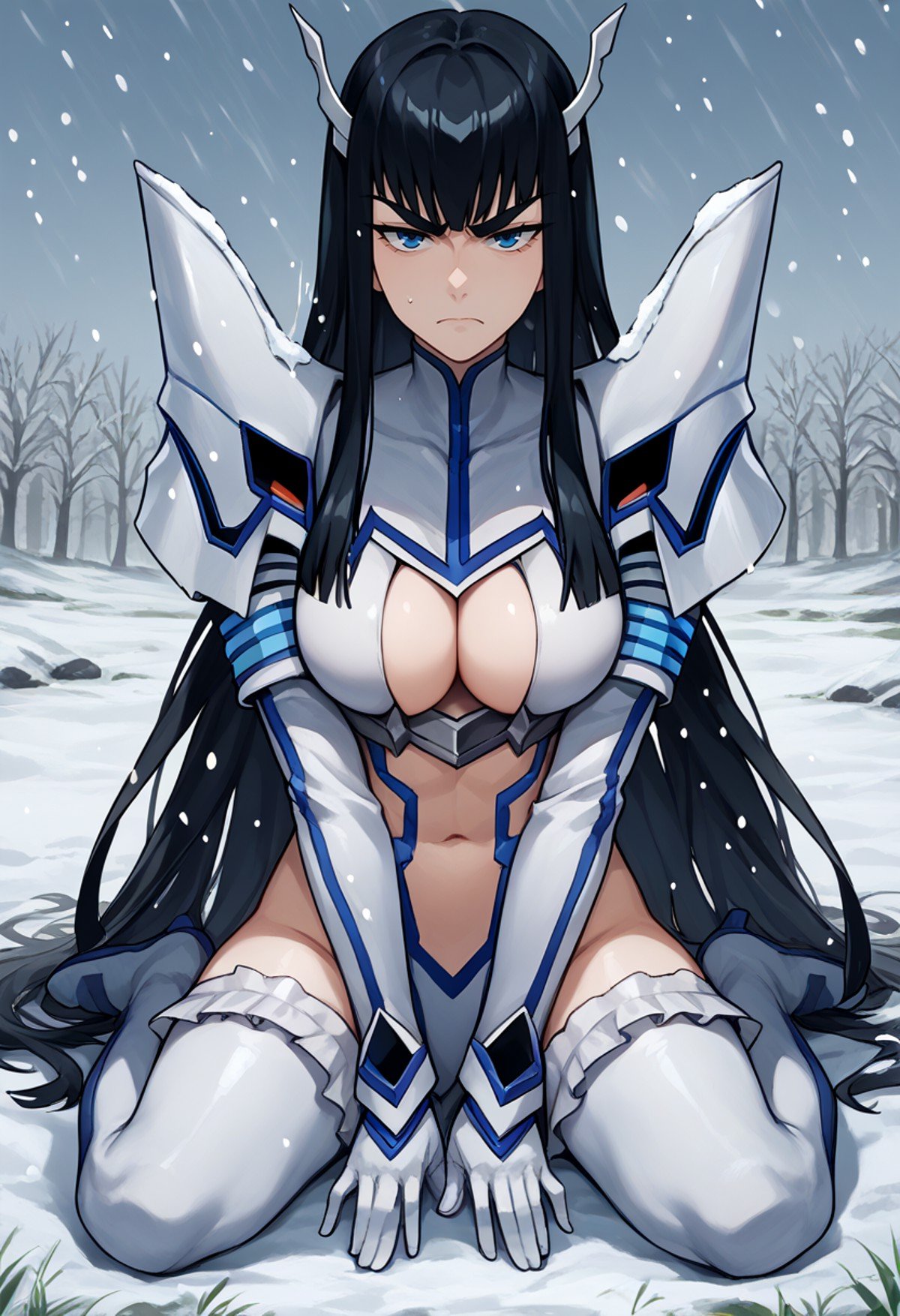 score_9, score_8_up, score_7_up, source_anime BREAK 1girl, looking at viewer, cowboy shot, <lora:KiryuuinSatsukiDwnsty:0.8>,  satsuki_armor, black hair, revealing clothes, blue eyes, frilled thighhighs, white gloves, large breasts, narrowed eyes, raised eyebrows, raised eyebrow,  w sitting, wariza,<lora:Wariza__Concept_Lora:1>, on ground,outdoors, snowing, snow, nature, grass, cold, clouy sky,  