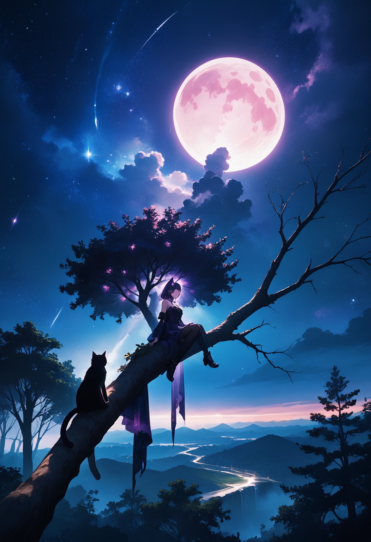 low light,darkness, 1girl,mixed Korean,Kpop idol, Surreal night scene,silhouette of a cat sitting on a tree branch,crescent moon in the sky,purple hues,starry night,dreamlike atmosphere,glowing edges,mystical,high contrast,ethereal light,detailed textures,whimsical,, cinematic film still,score_9,score_8_up,score_7_up,masterpiece,best quality,perfect anatomy,very aesthetic,official art,8k,