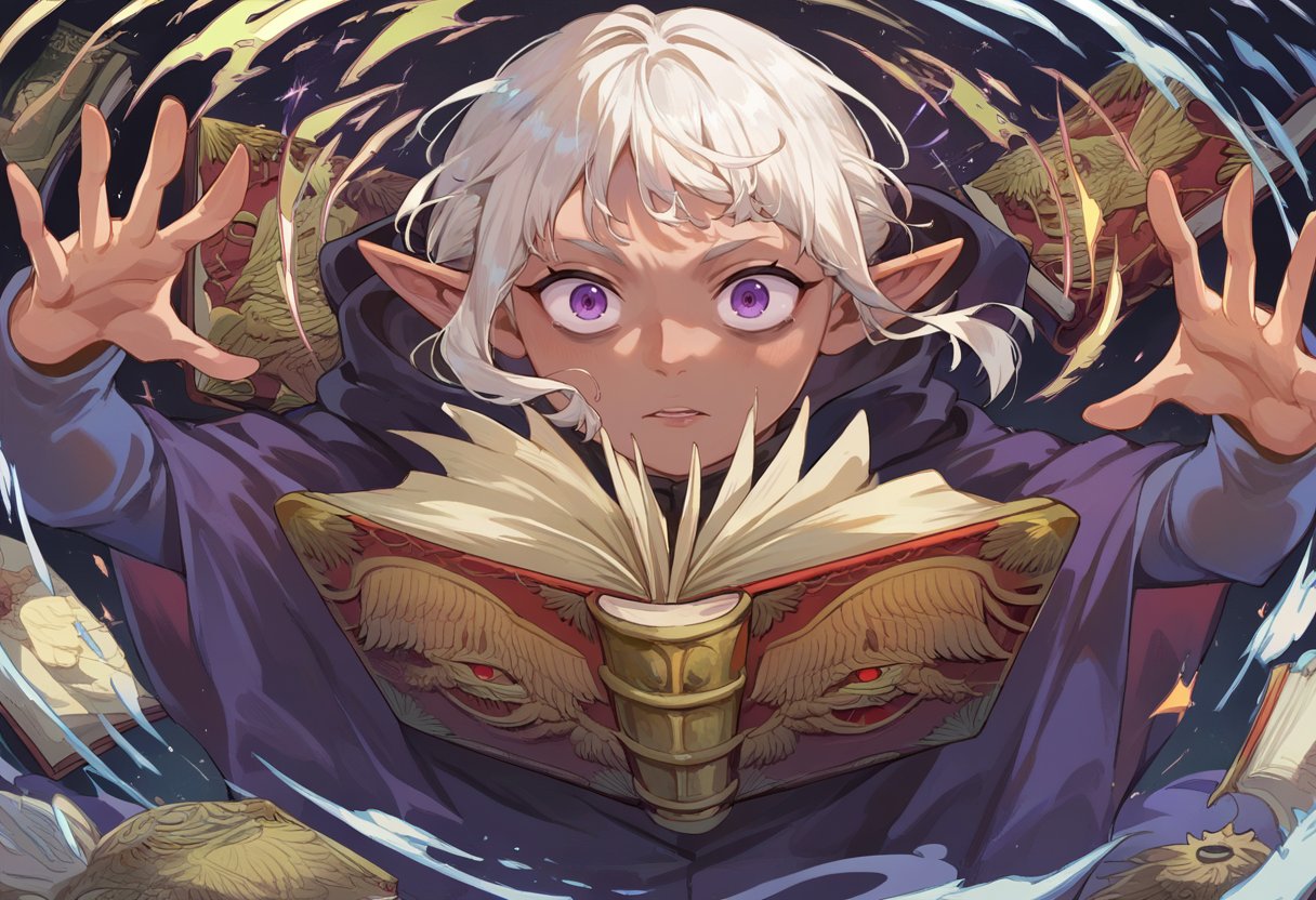 score_9, score_8_up, score_7_up, score_6_up, source anime, BREAK<lora:dungeon_meshi_thistle:1> eltsihtpnxl, pointy ears, book,  1boy, looking at viewer, solo, elf, open book, white hair, short hair, long sleeves, cloak, parted lips, floating book, upper body, hood, robe, open mouth, casting spell