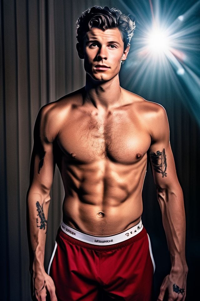 Ben Barnes a man ,  realistic photo in a worn ((skin-revealing skimpy erotic red tracksuit,  massive hairy pecs)) by Hotti...
