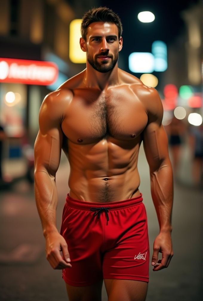 Shaun Hampson ,  realistic photo in a worn ((skin-revealing skimpy erotic red tracksuit,  massive pecs)) by HottiesnHottie...