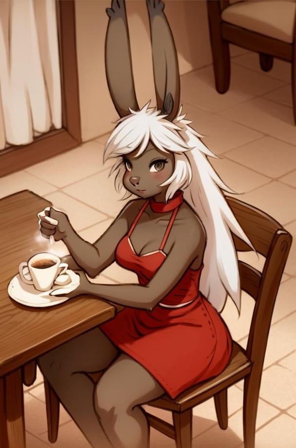 (anthro furry:1.2), VieraCzar, (viera, dark skin, brown eyes, long hair, sundress), (cafe, coffee mug, table, sitting, chair, counter, waitress), (masterpiece:1.2), (perfect hands:1.2), detailed eyes, perfect face, hires, ultra-high resolution, 8K, high quality, (sharp focus:1.2), clean, crisp, cinematic, <lora:VieraFFTA-14:1>