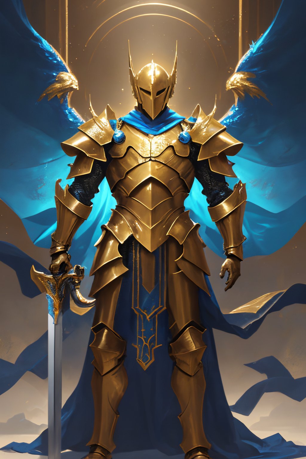 jjtsqs01,armor,weapon,solo,sword,shoulder armor,1boy,pauldrons,full armor,standing,blue cape,holding sword,gold armor,full body,<lora:jjsq1.52:0.8>,