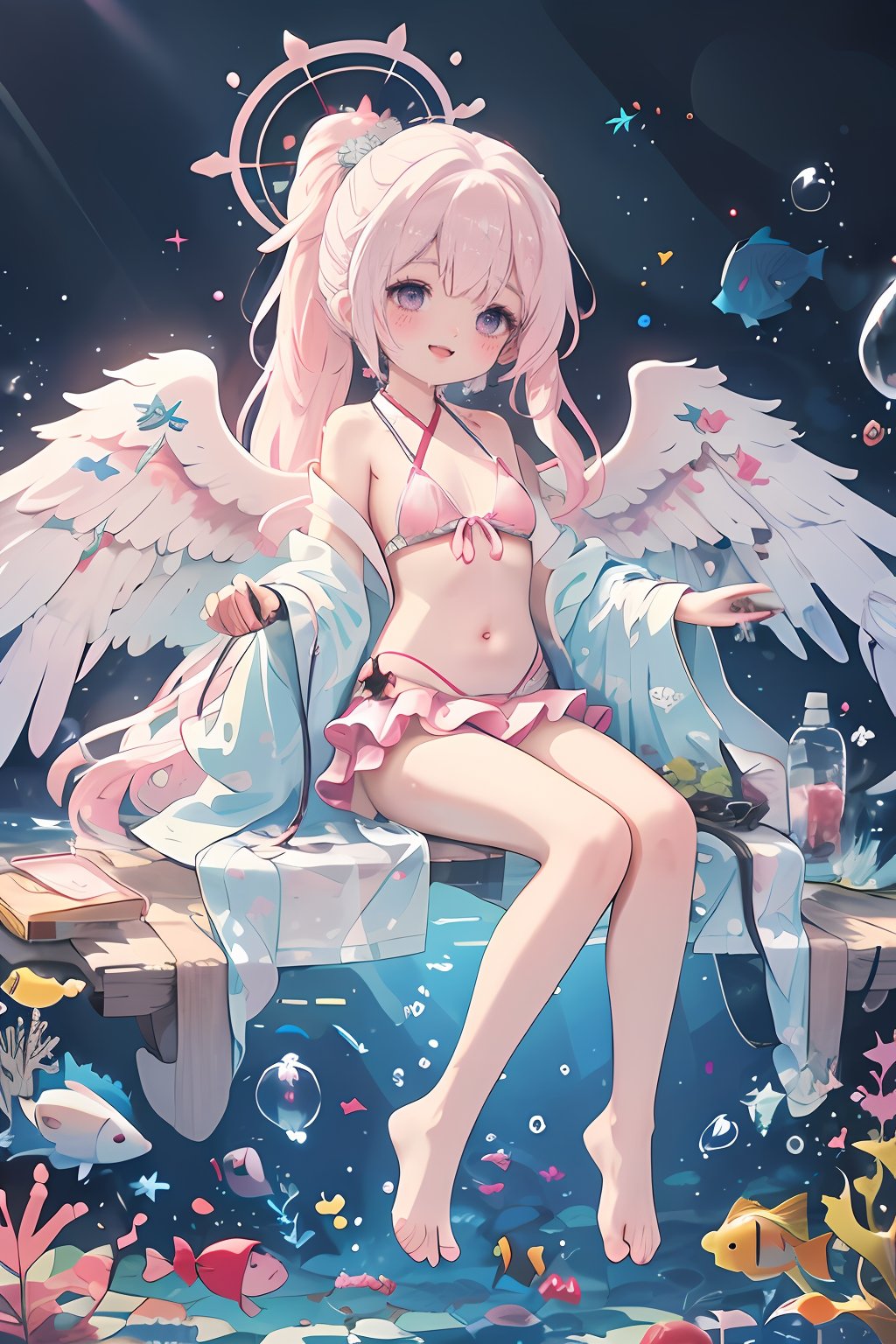 masterpiece,best quality,1girl,solo,(shiny skin:1.3),long_hair,breasts,looking_at_viewer,blush,smile,open_mouth,bangs,hair_ornament,navel,purple_eyes,swimsuit,full_body,ponytail,pink_hair,bikini,small_breasts,frills,wings,barefoot,pink_eyes,water,see-through,tattoo,halo,head_wings,feathered_wings,fish,frilled_bikini,bubble,angel_wings,shawl,underwater,white_wings,angel,pink_bikini,air_bubble,low_wings,pubic_tattoo,hagoromo,