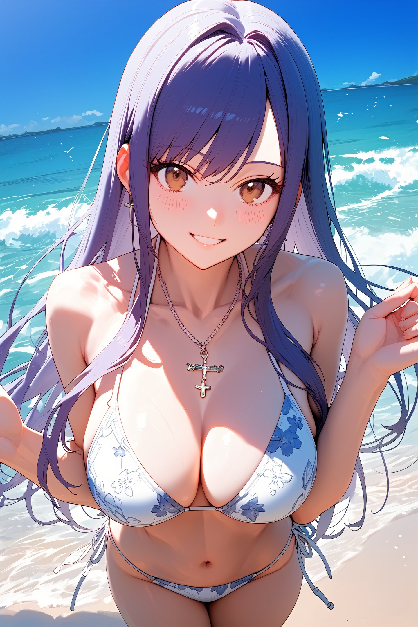 score_9, score_8_up, score_7_up, score_6_up, score explicit,smile, looking at viewer,1girl,purple hair,  long hair, brown eyes, from above,white necklace, cross necklace, white bikini, floral print, medium breasts, side-tie bikini bottom, hands up,cowboy shot,sea, blue sky, white cloud,