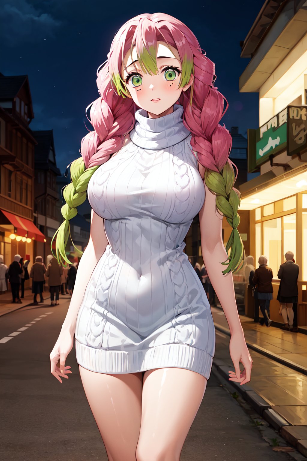 masterpiece, best quality, highres, aamitsuri, long hair, braid, multicolored hair, green eyes, mole under eye, large breasts, <lora:kanroji_mitsuri_v1:0.7>, sweater dress, ribbed sweater, virgin killer sweater, turtleneck, sleeveless, bare arms, outdoors, standing, night, street,