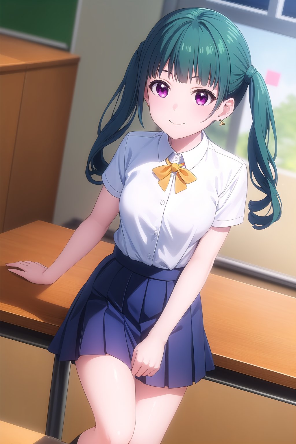 (masterpiece, best quality), highly detailed background, perfect lightingbest quality, mizusawaayaka, solo, indoors, classroom, aqua hair, blunt bangs, twintails, long hair, sidelocks, purple eyes, earrings, small breasts, neck ribbon, yellow ribbon, collared shirt, white shirt, short sleeves, blue skirt, pleated skirt, school uniform, smile, closed mouth, :), <lora:Mizusawa-Ayaka:0.7>