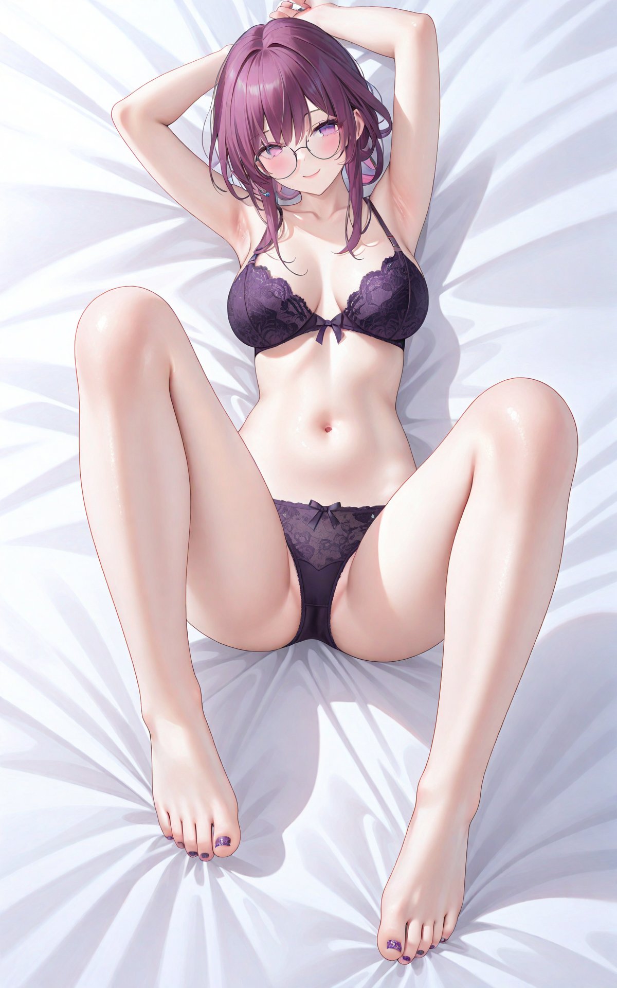 masterpiece,best quality,illustration,ultra detailed,hdr,Depth of field,(colorful),[Artist chen bin],1girl,kafka (honkai: star rail),underwear,toes,feet,barefoot,breasts,bra,panties,soles,purple hair,armpits,toenails,foot focus,looking at viewer,solo,navel,purple eyes,toenail polish,large breasts,nail polish,lying,purple bra,arms up,foreshortening,on back,black panties,smile,legs,stomach,bed sheet,underwear only,breasts apart,black bra,collarbone,bare legs,purple panties,on bed,thighs,long hair,bow,round eyewear,