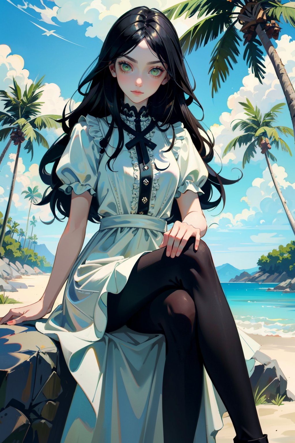 ((ultra detailed, masterpiece, best quality))<lora:AliceMadness:0.8>AliceMadness, 1girl, solo, long hair, black hair, green eyes, dress, pantyhose, on a tropical island, sundress, palm trees, sitting cross-legged