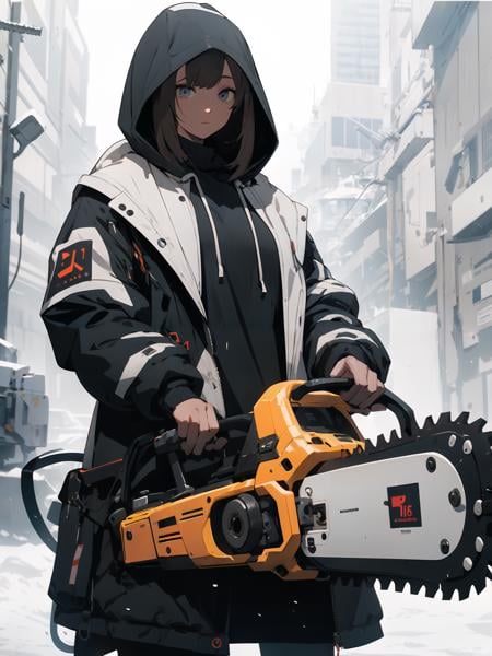 absurdres, highres, ultra detailed1girl,oversized hooded jacket,holding huge mechanical chainsaw, <lora:weapon_v01:0.7>