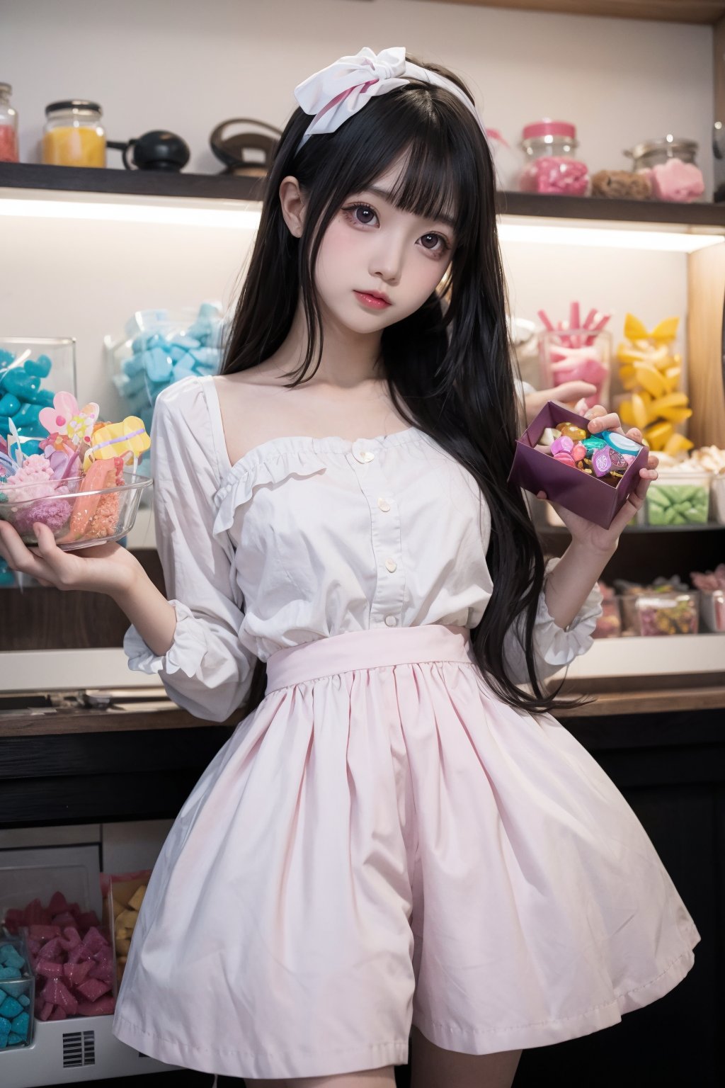 Cute young Japanese girl with long hair in a candy shop, shy, pastel color palette, anime style, detailed eyes, sweet and innocent expression, colorful array of candies, detailed clothing with ribbons and frills, high-quality, anime, pastel colors, sweet and innocent, detailed eyes, candy shop setting, monry in hand, shy demeanor, adorable, atmospheric lighting, wide view, full body shot, cos,