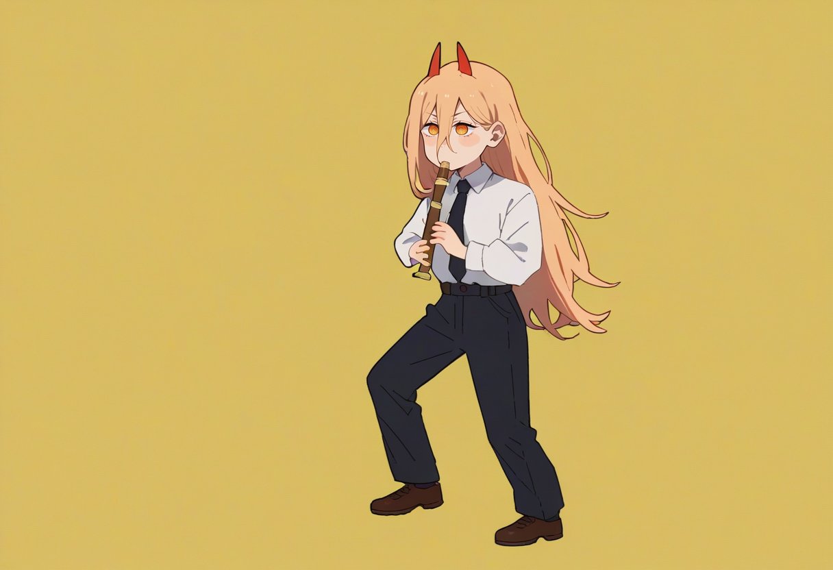 score_9, score_8_up, score_7_up, source_anime, simple background, yellow background, solo, 1girl, power \(chainsaw man\), chainsaw man, kyoufuuallback, full body, holding flute, long hair, blonde hair, red horns, yellow eyes, white shirt, black necktie, long sleeves, black pants <lora:concept_kyoufuuallback_ponyXL:1>