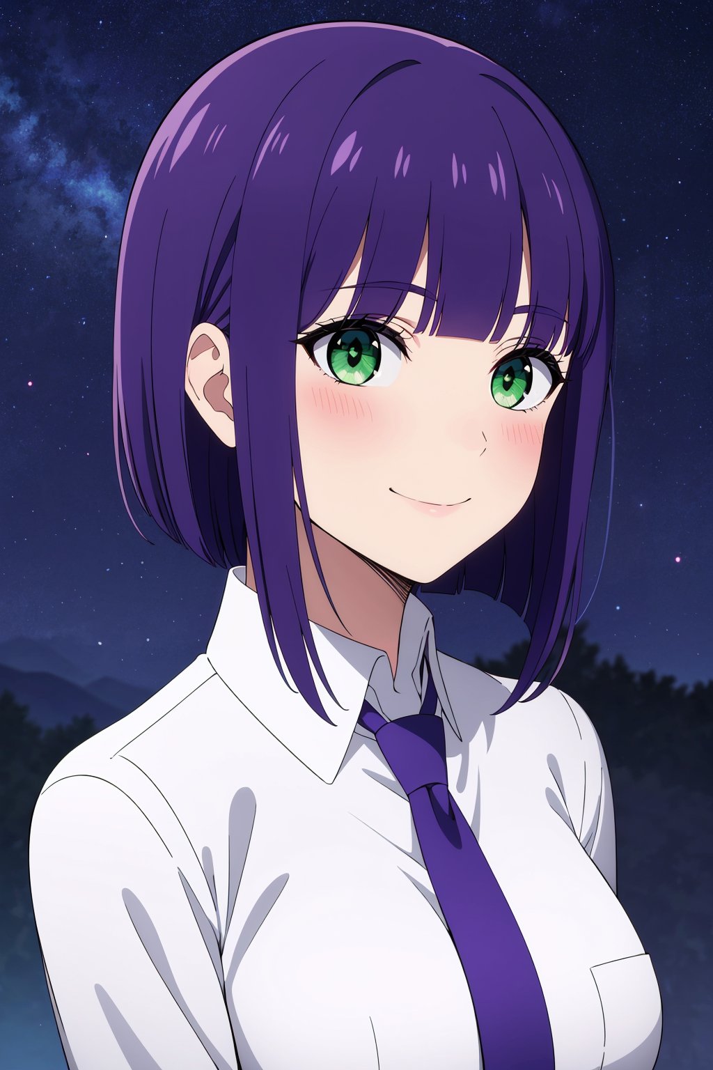 masterpiece, best quality, solo, mature female, short hair, purple hair, blunt bangs, green eyes, large breasts, white shirt, necktie, light smile, blush, portrait, starry sky, 