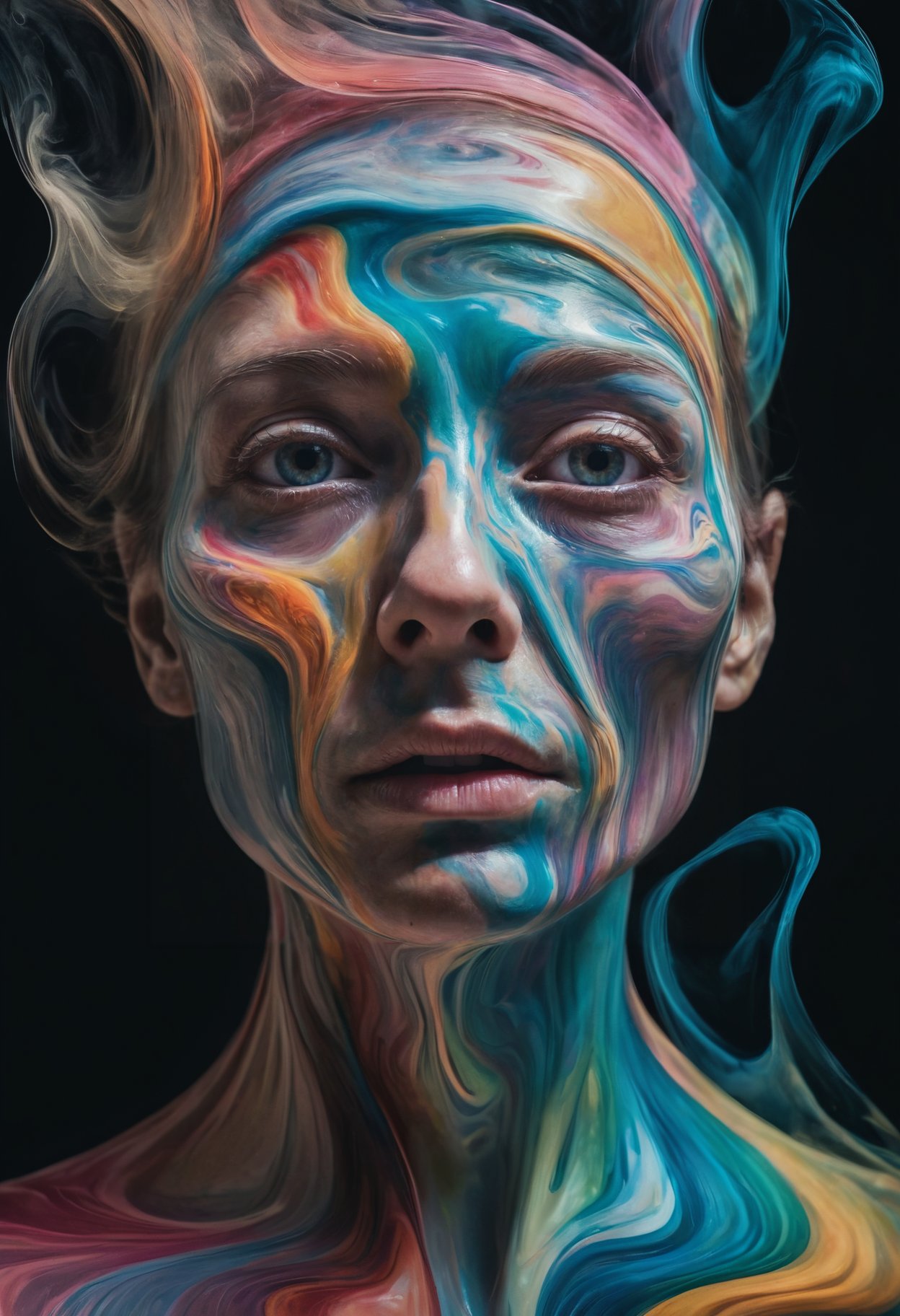 A surreal portrait of an being from another dimension, with distorted features,swirling colors, and an aura that seems to bend the fabric of reality.