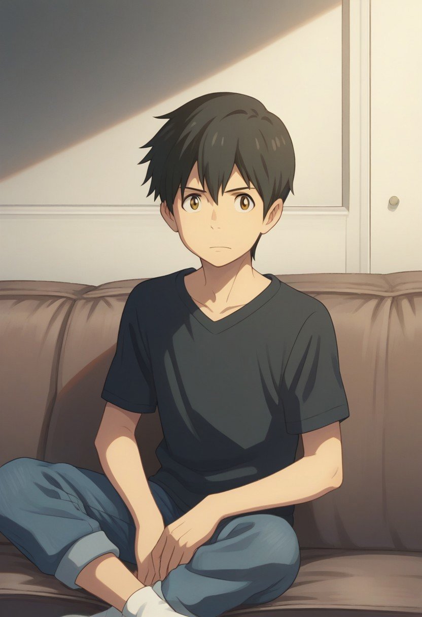 score_9, score_8_up, source_anime, highly detailed, hodaka, 1boy, male focus, solo, black hair, brown eyes, pants, t-shirt, rolled up pants, socks, upper body,indoor, couch,