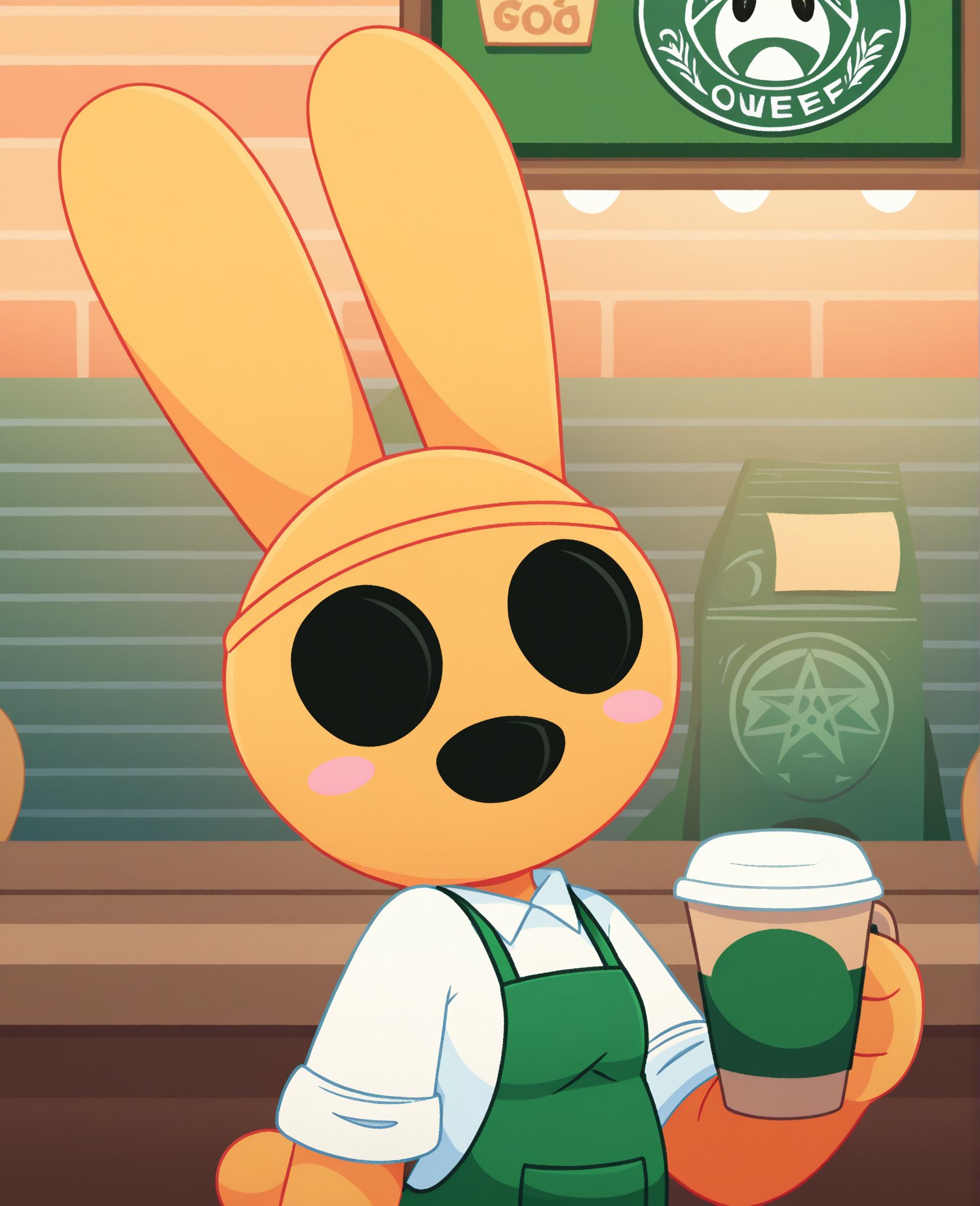 score_9, score_8_up, score_7_up, score_6_up, score_5_up, score_4_up, source_furry, vigme, rsl, coco \(animal crossing\), animate inanimate, gyroid, lagomorph, leporid, mammal, rabbit, anthro, biped, clothed, clothing, empty eyes, female, noseless, open mouth, green clothing, white shirt, dress, solo, standing, topwear, (detailed background:1.1), looking at viewer, (simple eyes, simple face:1.2), (coffee shop:1.2), happy, smile, (ಠ ಠ:1.2), smile, happy, excited<lora:coco_pdxl:1>