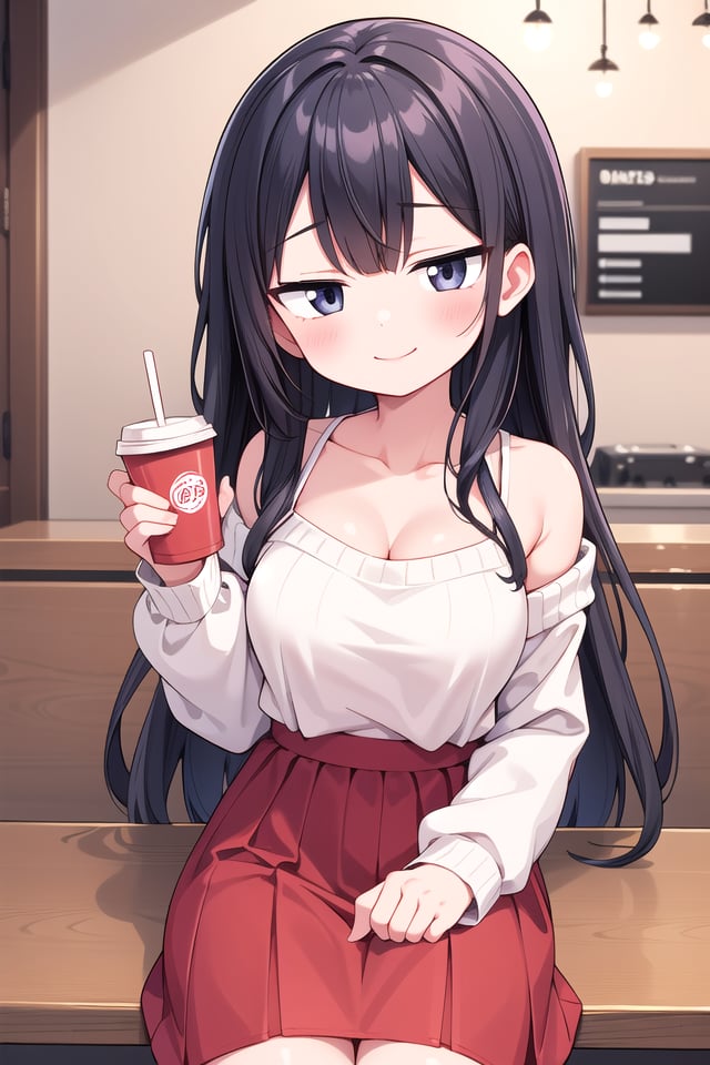 insanely detailed, absurdres, ultra-highres, ultra-detailed, best quality,1girl, solo, nice hands, perfect hands,BREAKwearing sweater, off shoulder sweater, one piece sweater, sweater with long sleeves, bare shoulder, collarbone, red skirtBREAKhappy smile, laugh, closed mouth,sitting, holding coffee cup,from below, cowboy shot, looking at viewerBREAKslender, kawaii, perfect symmetrical face, ultra cute girl, ultra cute face, ultra detailed eyes, ultra detailed hair, ultra cute, ultra beautiful,BREAKindoors, in coffee shopBREAKlarge breasts, black hair, long hair, black eyes