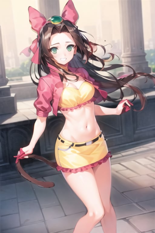 1girl, sthsara, long hair, brown hair, forehead, green eyes, hair bow, jacket, miniskirt, navel, cat tail, puffy sleeves, short sleeves, grin, looking at viewer, standing, palace <lora:sara_sth-000005:1>