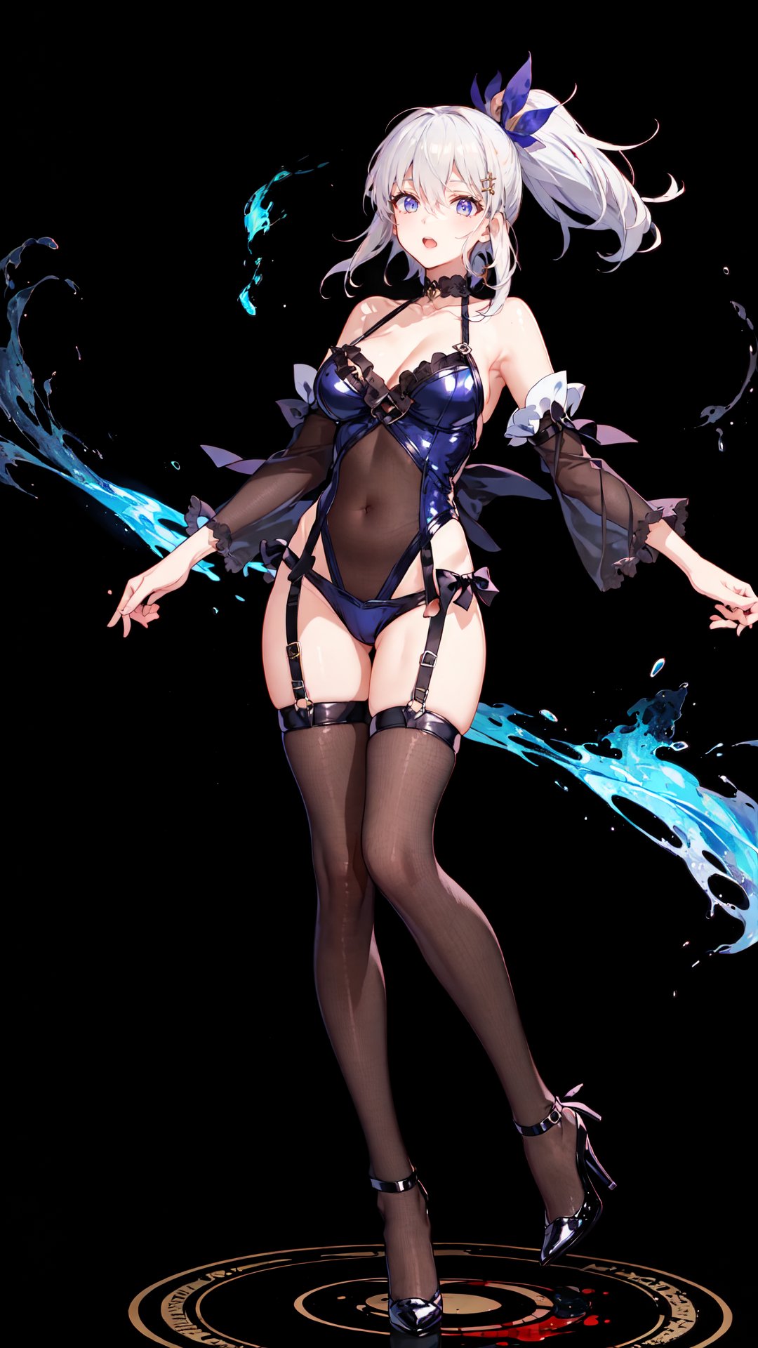 tutututu,(see-through),thigh strap,choker,collar,bondage outfit,swimsuit,high heels,1girl, ponytail ,white hair, purple eyes, magic circle, blue fire, blue flames, wallpaper, landscape, blood, blood splatter, depth of field, night, light particles, light rays, sidelighting, thighs, fate \(series\), cloud,<lora:merged_0023:0.65>,