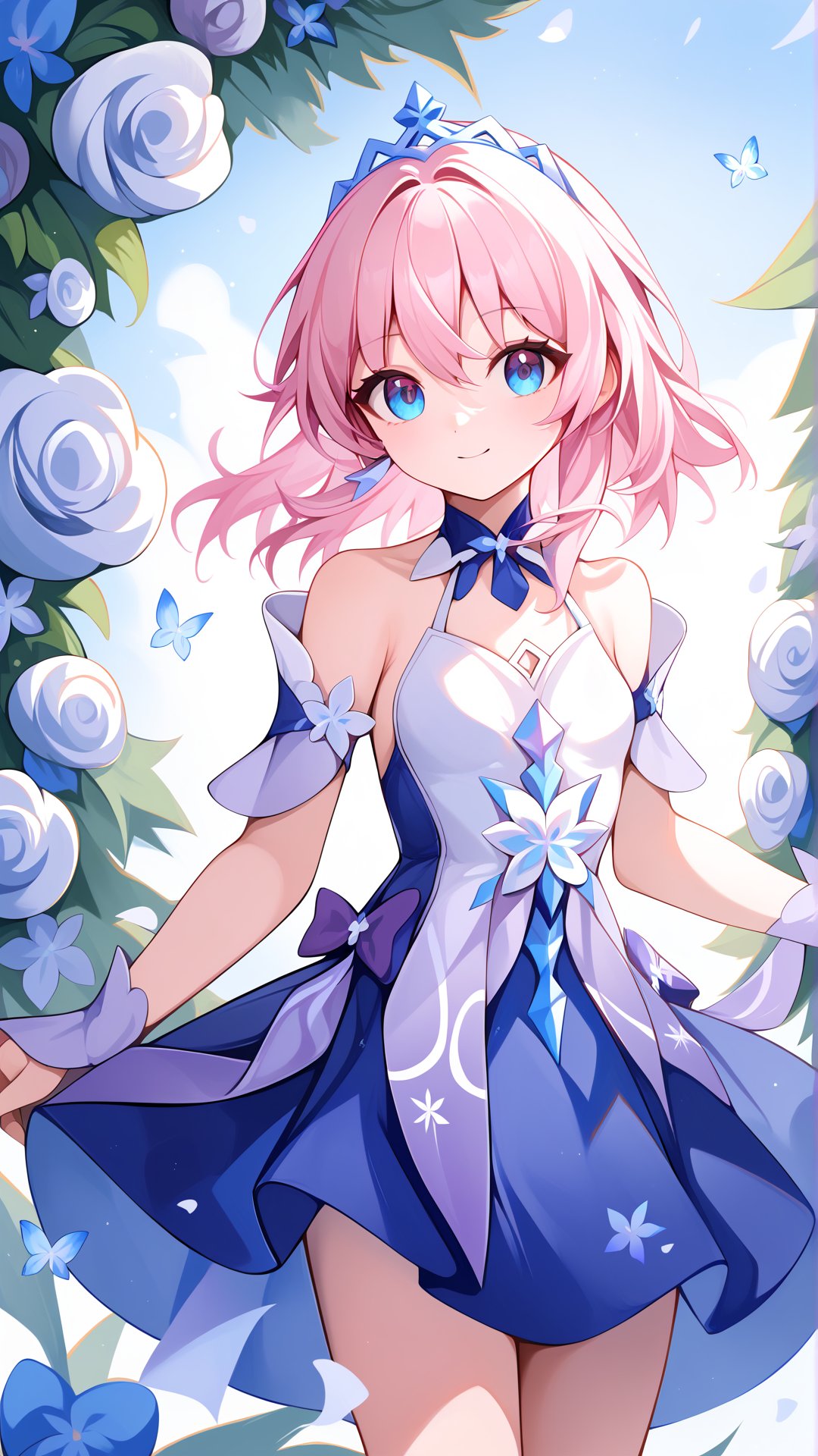 White purple dress, altermarch, Score_9, best quality, Pink hair, Cute, Medium chest, masterpiece, Medium hair, <lora:march7:0.8>, Gradient eyes, Blue eyes, Score_8_up