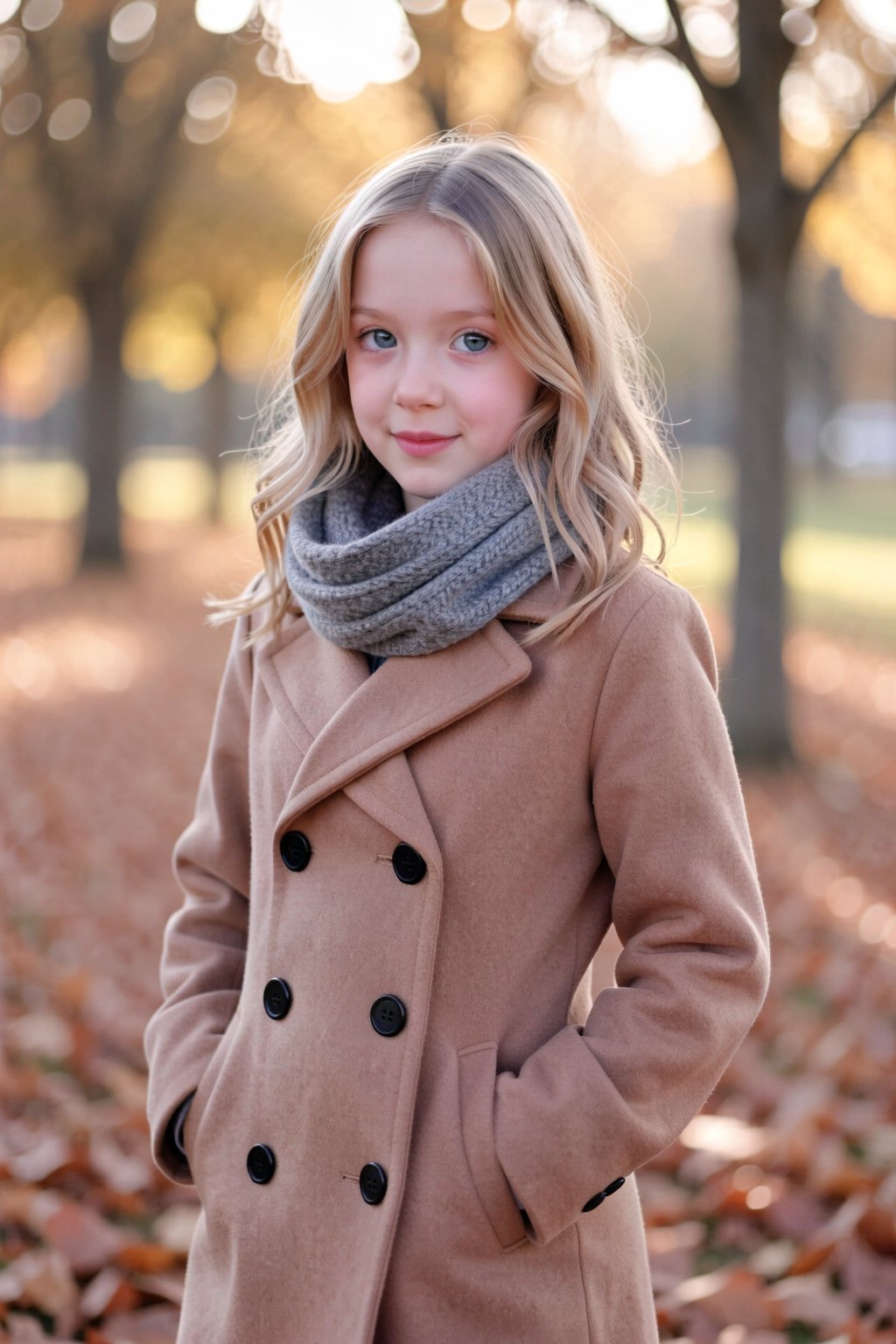 Photograph of a young Caucasian woman with wavy,  shoulder-length blonde hair and fair skin,  standing in an autumnal park...