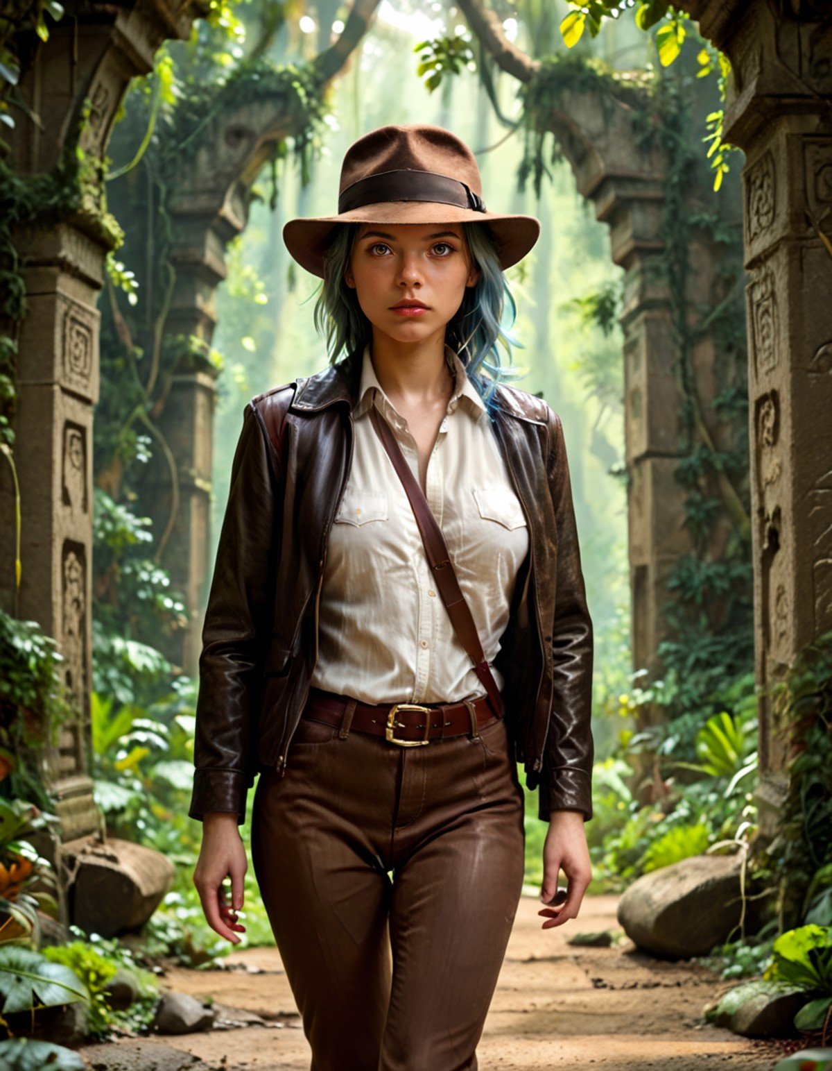 score_9, score_8_up, score_7_up,eula wearing brown leather well worn ind1ana outfit,blue hair,brown leather pants,walking to viewer, serious, focused,ancient temple background, jungle, moss, <lora:indiana_jones:0.8>