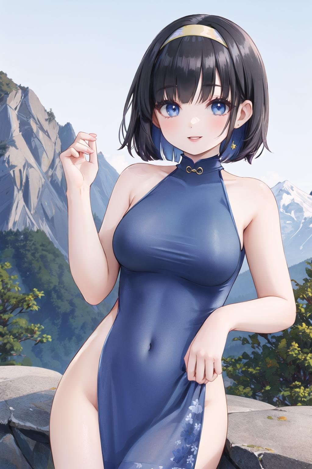 <lora:nightchen:0.6>, (nightgown cheongsam), looking at viewer, lips, smile, large breasts, outdoors, bob cut, black hair, blue eyes, hairband, mountain