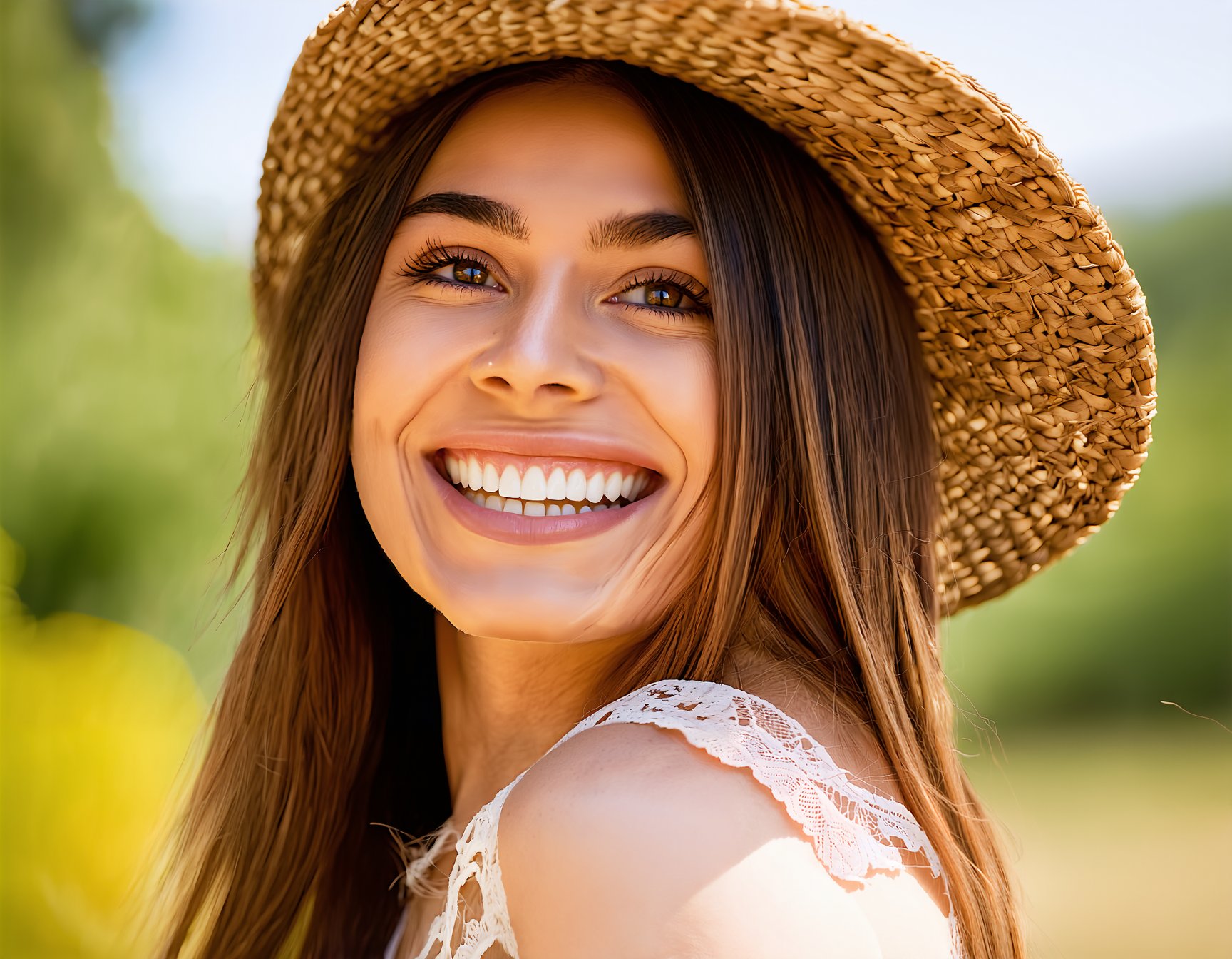 best quality,4k,8k,highres,masterpiece,ultra-detailed, long hair, looking at viewer, smile, brown hair, woman, hat, brown eyes, male focus, outdoors, teeth, sky, day, grin, facial hair, portrait, realistic, straw hat , SD3_cartoon_ep10.safetensors