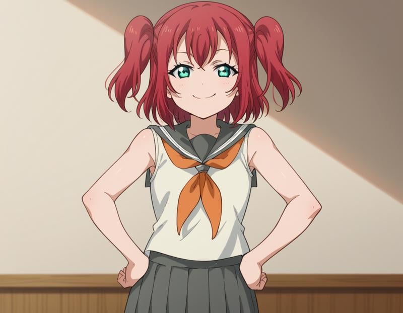 score_9, score_8_up, score_7_up, source_anime, <lora:ruby-kurosawa-s2-ponyxl-lora-nochekaiser:1>, ruby kurosawa, short hair, bangs, green eyes, red hair, aqua eyes, two side up,, shirt, school uniform, white shirt, serafuku, neckerchief, uranohoshi school uniform, orange neckerchief, sleeveless, skirt, pleated skirt, grey skirt,, indoors, smug, smile, looking at viewer, solo, hands on hips,, cowboy shot, dutch angle