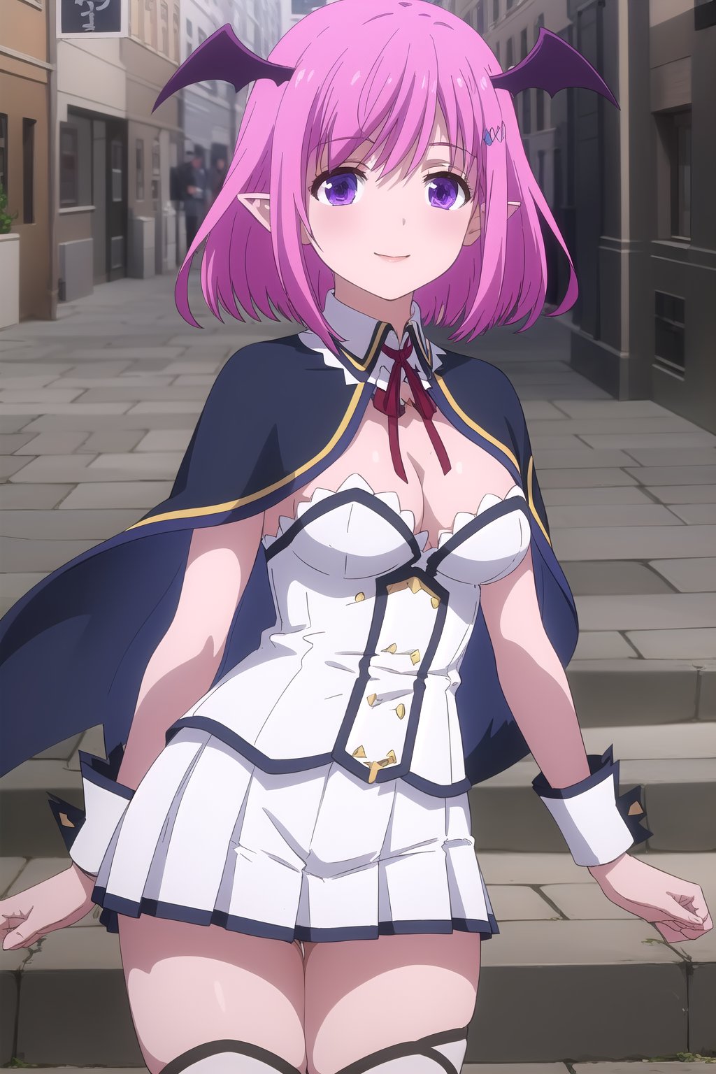 (masterpiece, best quality), highly detailed background, perfect lightingbest quality, ginnyfindesalva, solo, outdoors, fantasy, demon girl, pink hair, head wings, bat wings, hair between eyes, hairclip, medium hair, purple eyes, pointy ears, medium breasts, blue capelet, two-sided cape, white shirt, detached collar, neck ribbon, red ribbon, cleavage, wrist cuffs, white skirt, miniskirt, pleated skirt, black thighhighs, school uniform, smile, closed mouth, pink lips, <lora:Ginny-Fin-de-Salva:0.7>