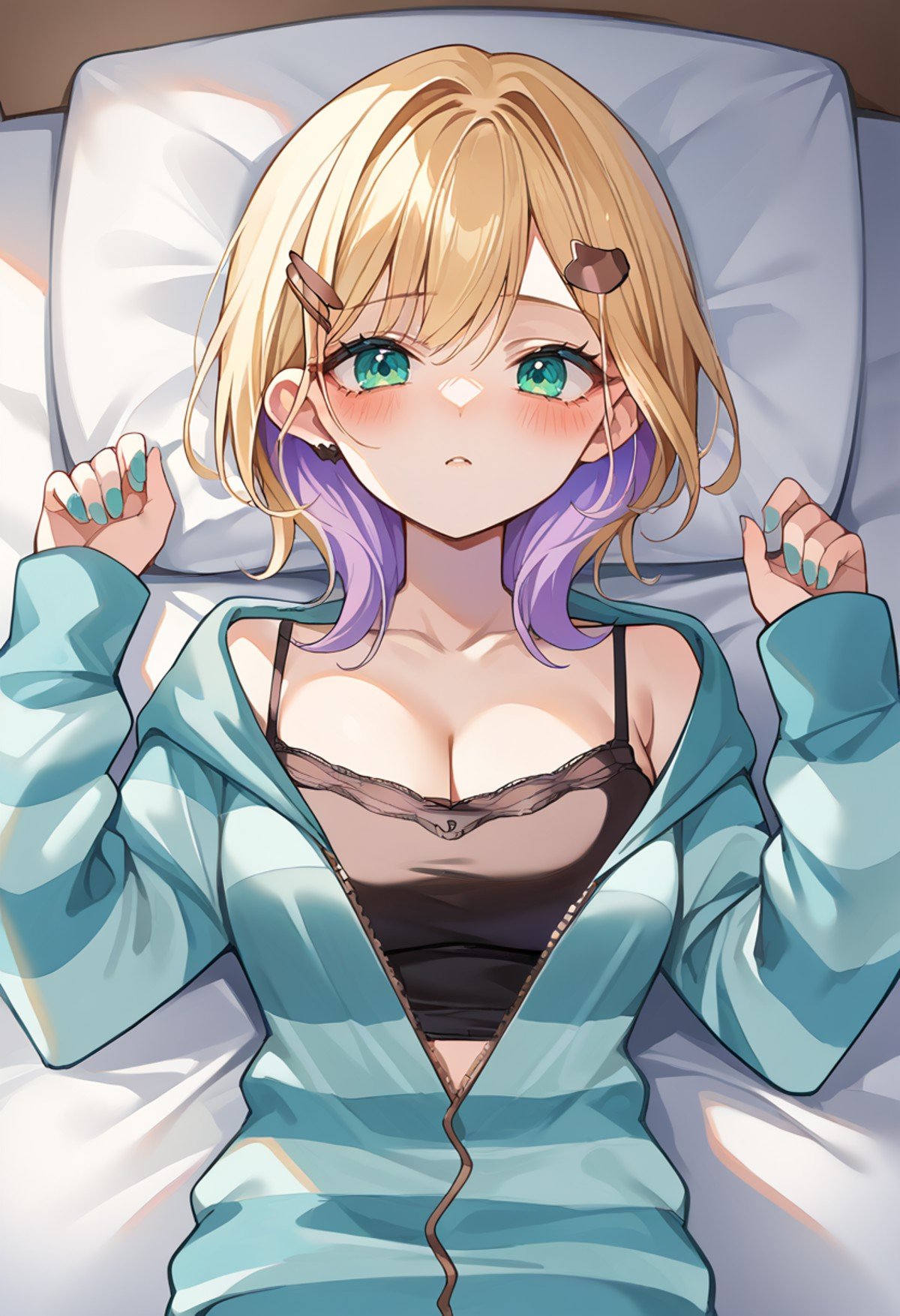 score_9, score_8_up, source_anime, 1girl, solo, NoahSleepwear, medium hair, hairclip, aqua cardigan, striped cardigan, partially unzipped, black camisole, cleavage, aqua shorts, on back, on bed, blush, <lora:ChamKurumiNoahPonyXL:1>