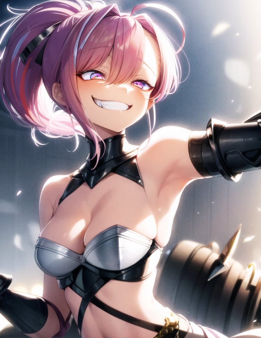 cluseller, best quality, incredibly absurdres, illustration, digital painting, upper body, 1girl, flat chest, no cleavage, Neon Pink hair with Silver streaked hair, ahoge, (short ponytail:1.4), evil smile, grin, light pink eyes, (wearing fantasy style rondel and arm guards armor), landscape with shade and mist, finely detailed background, amazing background