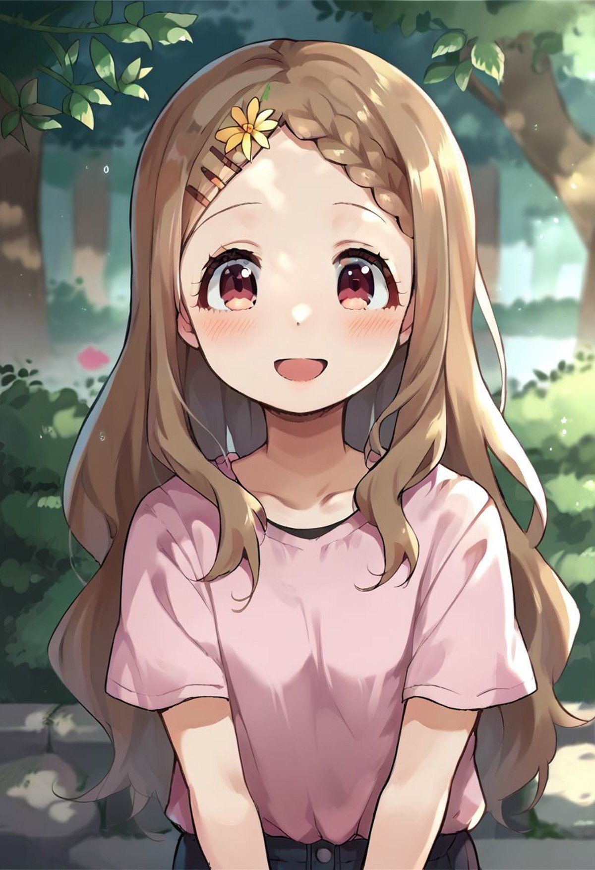 score_9, score_8_up, score_7_up, source_anime, aobakokona, 1girl, solo, blush, hairclip, smile, looking at viewer, open mouth, flower, shirt, hair flower