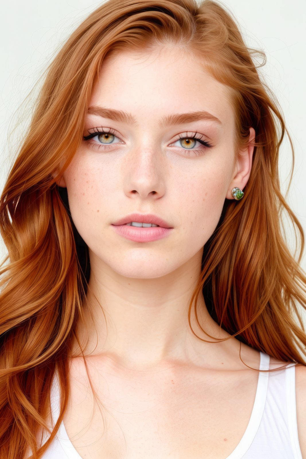 (close-up editorial photo of 20 yo woman, ginger  hair, slim American sweetheart), (freckles:0.8), (lips parted), realistic green eyes, POV, realistic[:, (film grain, 25mm, f/1.2, dof, bokeh, beautiful symmetrical face, perfect sparkling eyes, well defined pupils, high contrast eyes, ultra detailed skin, skin pores, vellus hair, fabric stitching, fabric texture, wood grain, stone texture, finely detailed features:1):0.9]