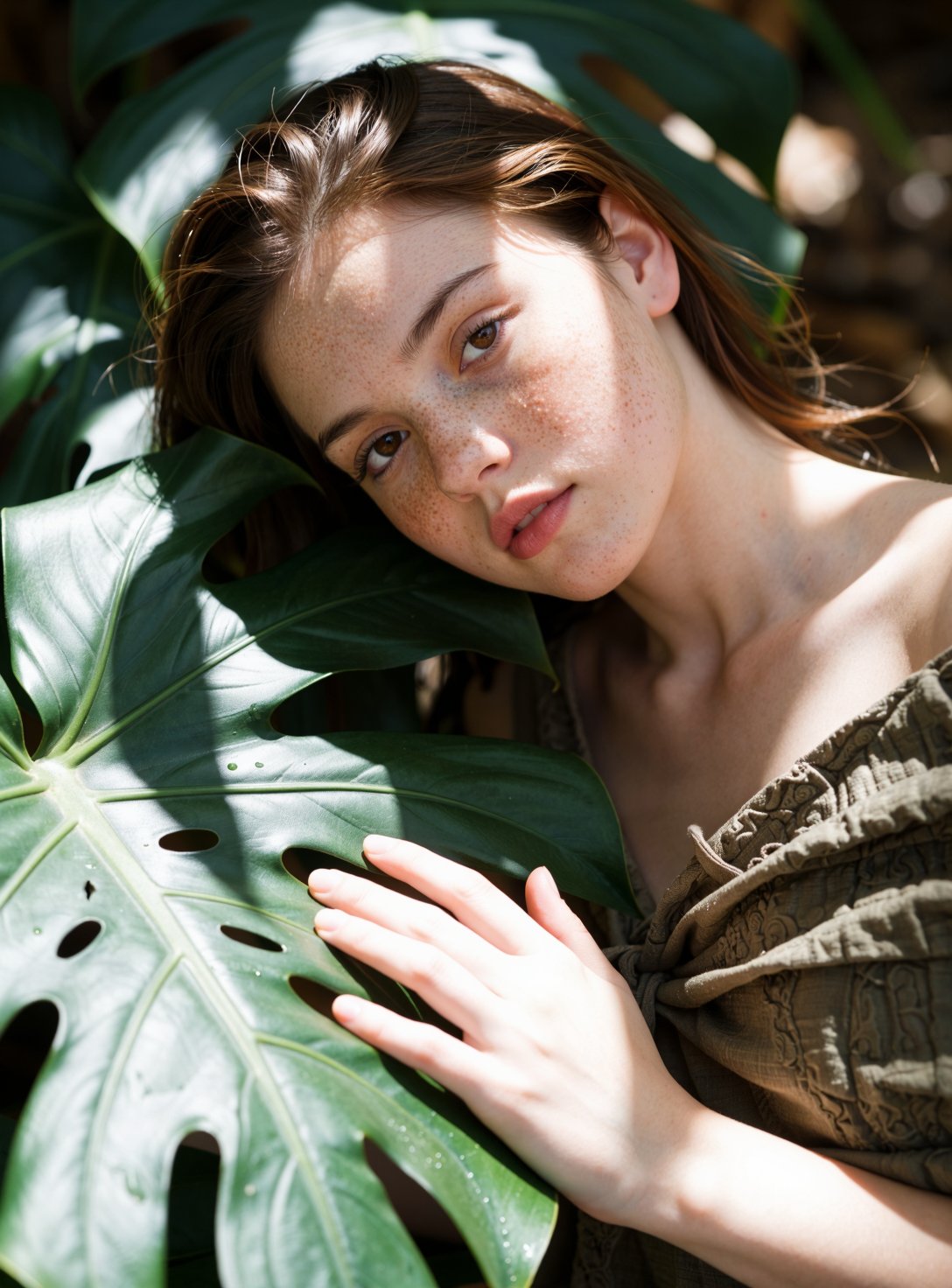 A late 20s woman,  freckled natural skin tones,  lies relaxed among broad tropical monstera leaves by psychologicau on Ten...