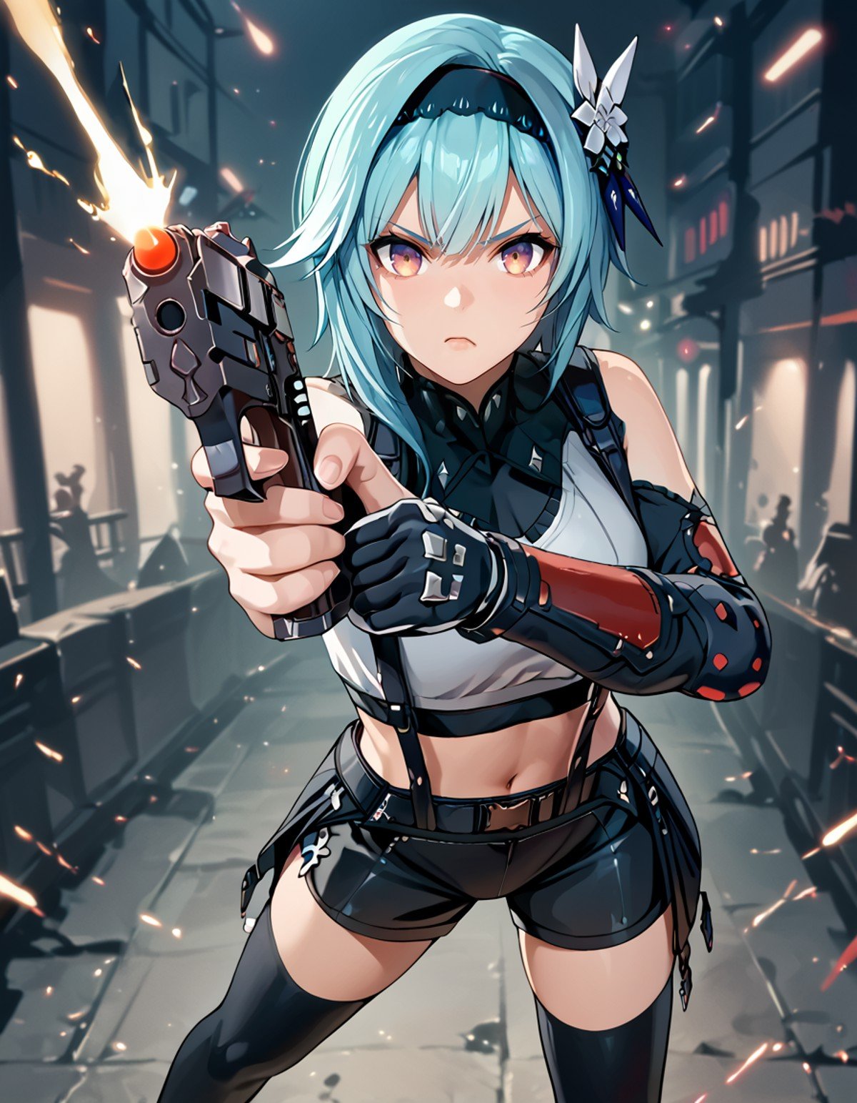 score_9, score_8_up, score_7_up,eula wearing t1fa outfit, short blue hair, black hairband,hair flower ornament,holding ranged weapon, aiming at viewer, futuristic handgun,firing,casing ejection, smoke,finger on trigger,angry, agressive, <lora:tifa:0.8> <lora:firearm_enhancement:1>