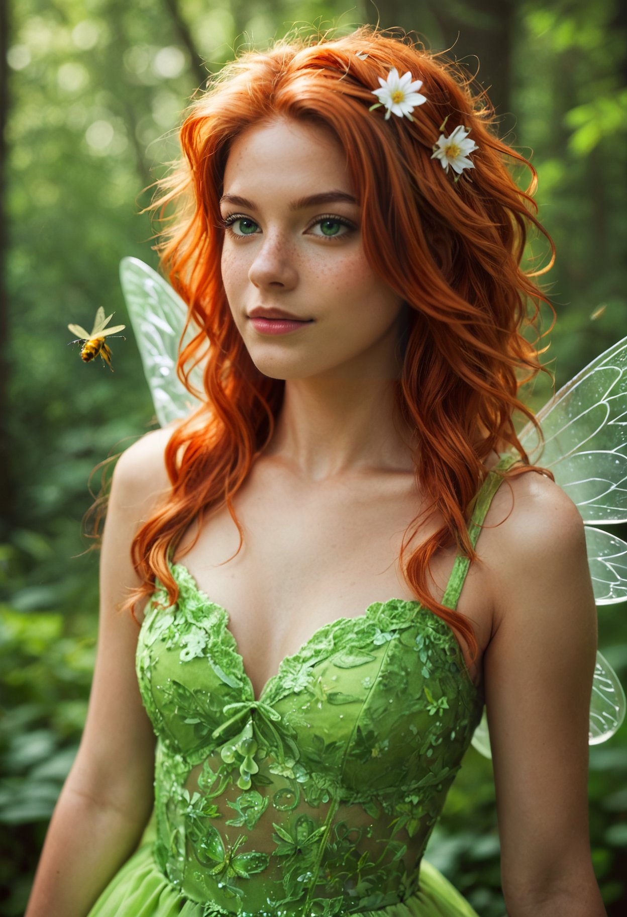 score_9, score_8_up, score_7_up, realistic lighting, photo, photorealisticvery aesthetic, best quality, absurdres, (rating_safe), detailed face and eyes, fairy with wings, ginger hair, messy hair, dress, fireflies, forest, green eyes, (freckles:0.8)