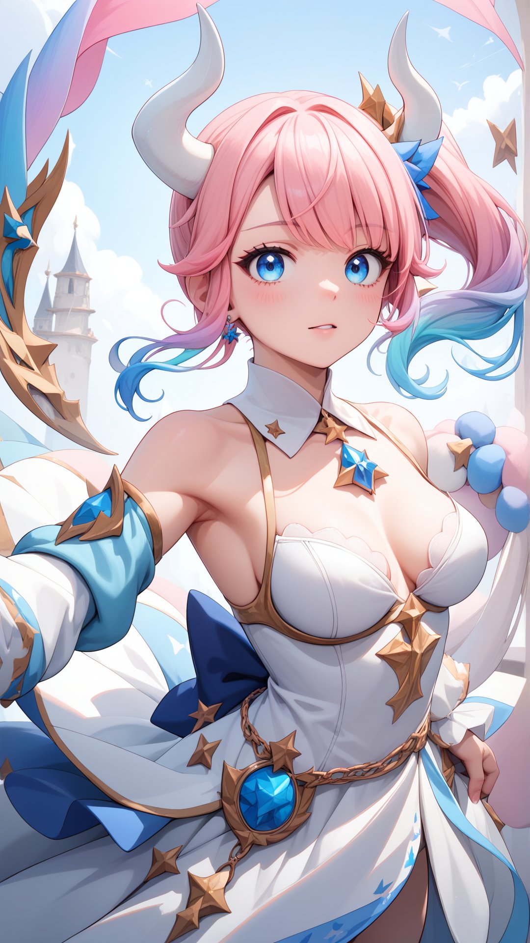 Score_9, score_8_up, score_7_up, masterpiece, best quality, 1girl, (Pink hair:1.0), blue eyes, (Gradient hair:1.1), White horns, Side ponytail, <lora:yuta-chernobaeva-pxl:0.7>, yuta-chernobaeva-pxl, (Medium breasts:1.0)