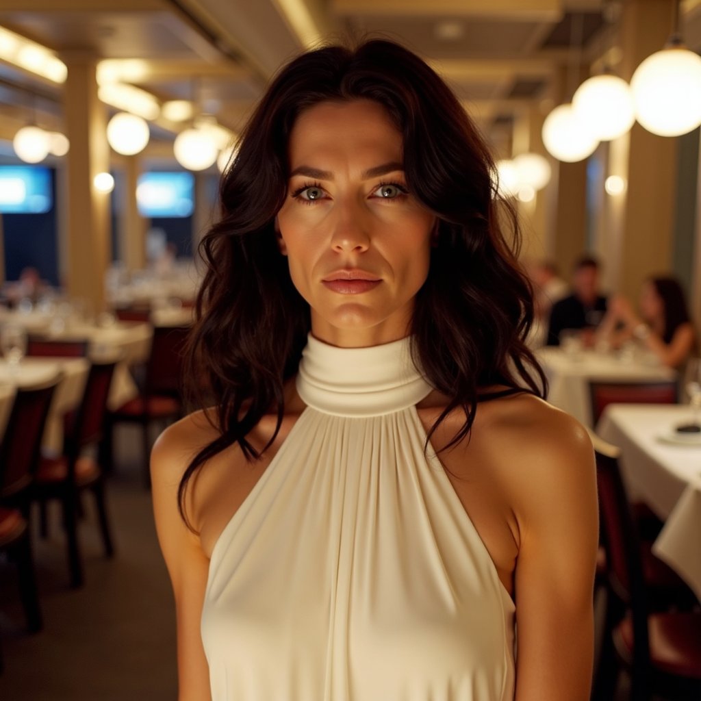 cbk, full body shot, claudia black wearing a beautiful sfw white high neck night dress, her hair is loose,  outside a fancy restaurant in a space colony,  photorealistic, real photography, 4k, hd,  <lora:claudia-black:1.1>, Photorealistic, Hyperrealistic, Hyperdetailed, analog style, soft lighting, subsurface scattering, realistic, heavy shadow, masterpiece, best quality, ultra realistic, 8k, golden ratio, Intricate, High Detail, film photography, soft focus, RAW candid cinema, 16mm, color graded portra 400 film, remarkable color, ultra realistic, textured skin, remarkable detailed pupils, realistic dull skin noise, visible skin detail, skin fuzz, dry skin, shot with cinematic camera