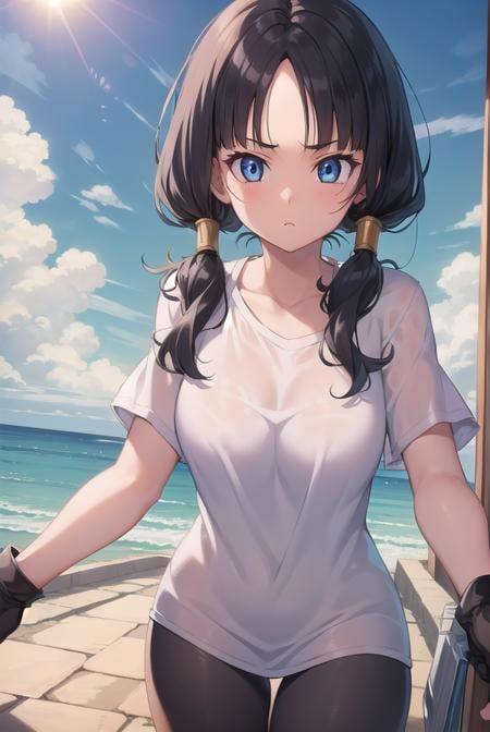 videl, <lora:videlv2-lora-nochekaiser:1>, videl, black hair, blue eyes, eyelashes, (parted bangs:1.5), twintails,BREAK bike shorts, black gloves, black legwear, collarbone, fingerless gloves, gloves, shirt, short sleeves, white shirt,BREAK outdoors, nature, forest, sun, sky, clouds,BREAK looking at viewer, (cowboy shot:1.5),BREAK <lyco:GoodHands-beta2:1>, (masterpiece:1.2), best quality, high resolution, unity 8k wallpaper, (illustration:0.8), (beautiful detailed eyes:1.6), extremely detailed face, perfect lighting, extremely detailed CG, (perfect hands, perfect anatomy),