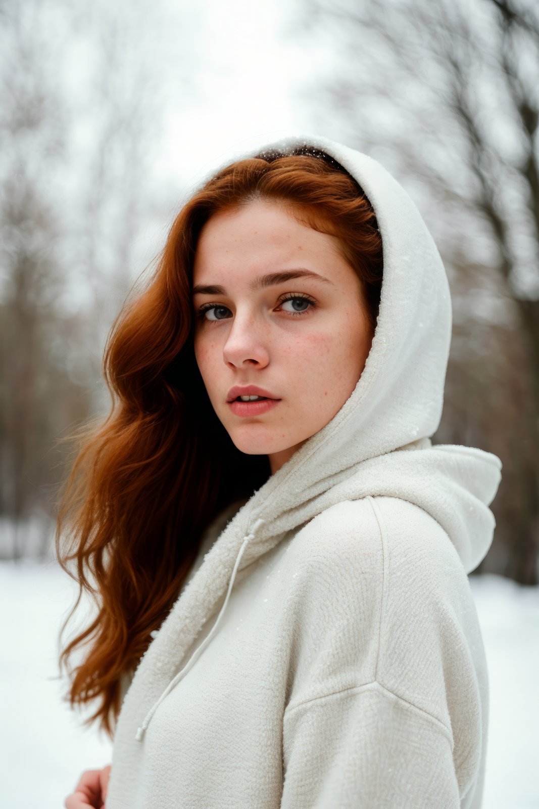 photograph of a woman, (disgusted facial expression), textured skin, goosebumps, ginger curly hair, oversized hoodie with leggings and sneakers, profile, winter landscape covered in a pristine blanket of white snow, perfect eyes, (cinematic lighting,strong side key lights), muted low grain color, shot on Kodak Brownie, bokeh, sharp focus on subject, shot by Lee Miller