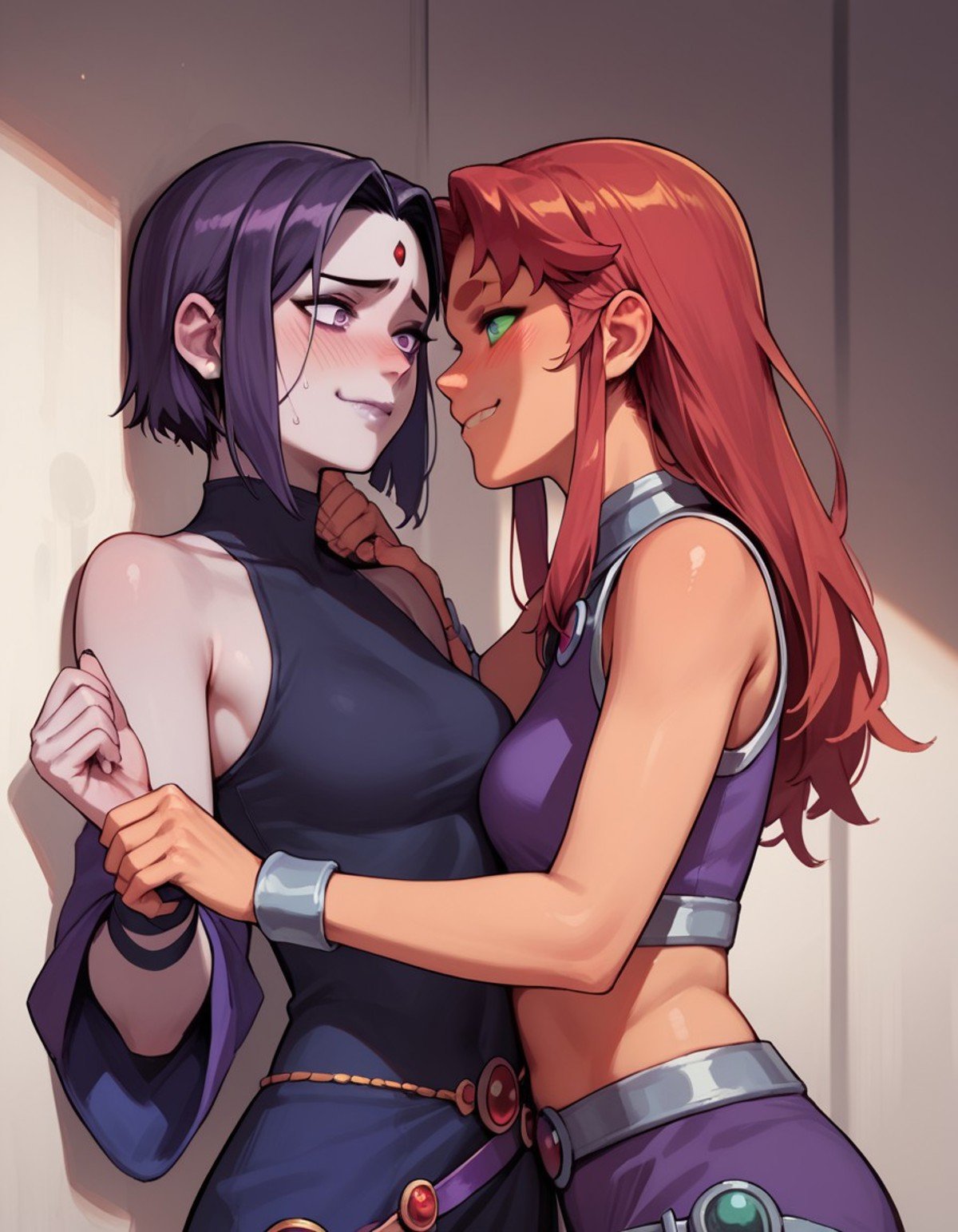 score_9, score_8_up, score_7_up, score_6_up, source_cartoon, source_anime,fdom_awall, yuri, 2girls, raven and starfire, about to kiss, nervous blush, confident smile, femdom, rating_questionable, wrist grab, , <lora:460134f1-d660-4ea2-a793-453961ed137d:0.7>