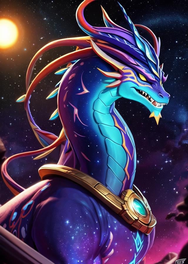 (by Ceehaz, by Mrt0Ony, by Norman Rockwell), quadruped feral (eastern dragon aurelion sol \(lol\):1.25), cosmic fur, claws, three-quarter portrait, BREAK, cosmos, nebula, space, planet, foreground, ambient silhouette, backlighting, detailed background, depth of field, masterpiece, best quality, light, 4k, 2k, photography, photorealistic, analog style, realistic, photorealism