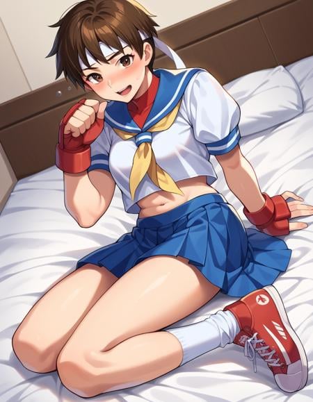 score_9, score_8_up, score_7_up, source_anime,sakurakasugano, <lora:sakura-kasugano-ponyxl-lora-nochekaiser:1>,sakura kasugano, brown eyes, brown hair, short hair, mature female,ankle socks, blue skirt, crop top, headband, midriff, miniskirt, navel, sailor collar, school uniform, shoes, short sleeves, skirt, sneakers, socks, stomach, shirt, white shirt, white headband, gloves, red gloves,indoors, bed, bed room, on side, blush, drunk,looking at viewer, dutch angle, cowboy shot,