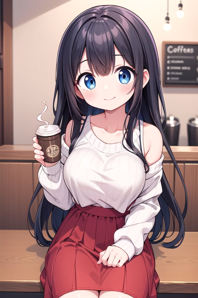 insanely detailed, absurdres, ultra-highres, ultra-detailed, best quality,1girl, solo, nice hands, perfect hands,BREAKwearing sweater, off shoulder sweater, one piece sweater, sweater with long sleeves, bare shoulder, collarbone, red skirtBREAKhappy smile, laugh, closed mouth,sitting, holding coffee cup,from below, cowboy shot, looking at viewerBREAKslender, kawaii, perfect symmetrical face, ultra cute girl, ultra cute face, ultra detailed eyes, ultra detailed hair, ultra cute, ultra beautiful,BREAKindoors, in coffee shopBREAKlarge breasts, black hair, long hair, black eyes