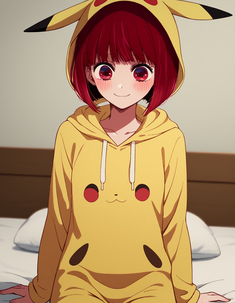 score_9, score_8_up, score_7_up, source_anime, kanaarima, <lora:kana-arima-s1-ponyxl-lora-nochekaiser:1>, kana arima, short hair, bangs, red eyes, red hair, bob cut,, <lora:pikachu-cosplay-ponyxl-lora-nochekaiser:1>, pikachucosplay, pikachu \(pikachu\), character print, hood, hoodie, yellow hoodie,, bed, bed room, smile, blush, wariza, sitting,, cowboy shot, dutch angle, solo,